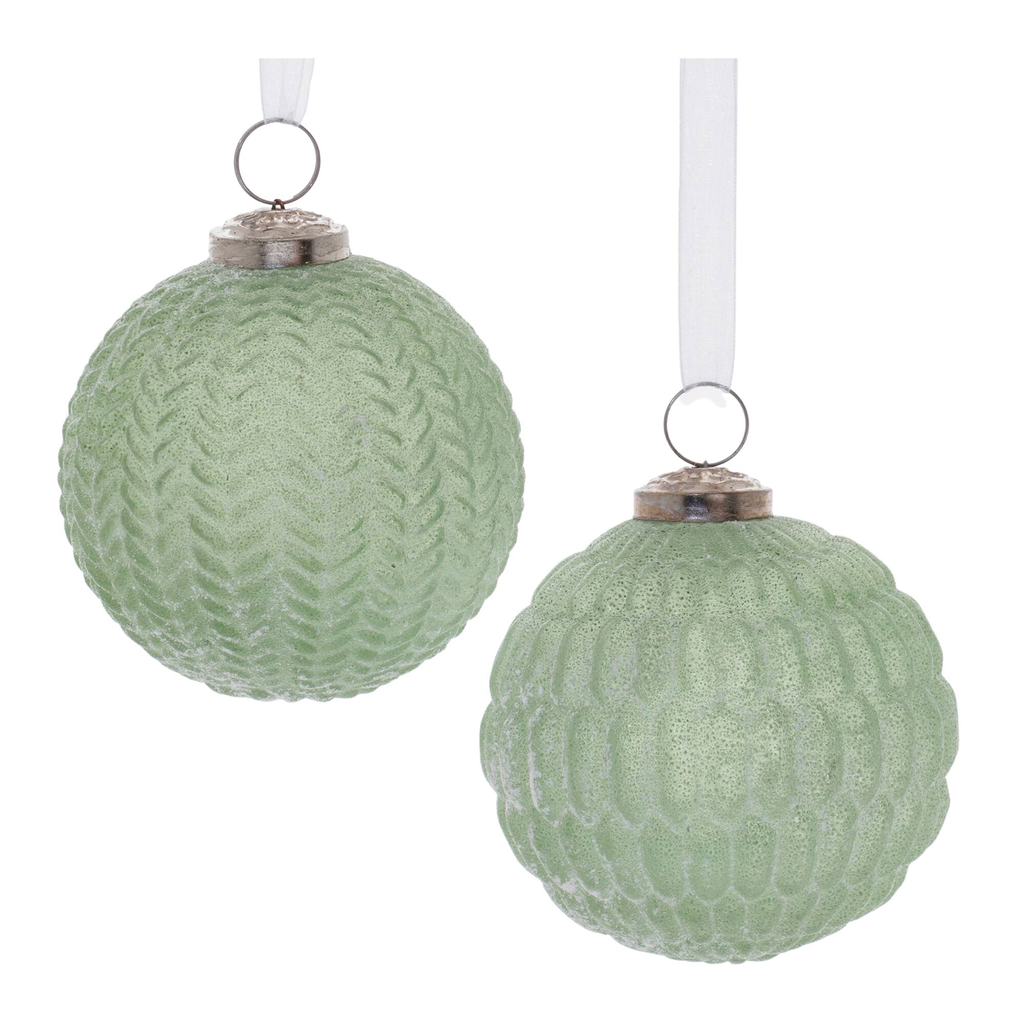 4&#x22; Green Frosted Glass Ball Ornaments Set