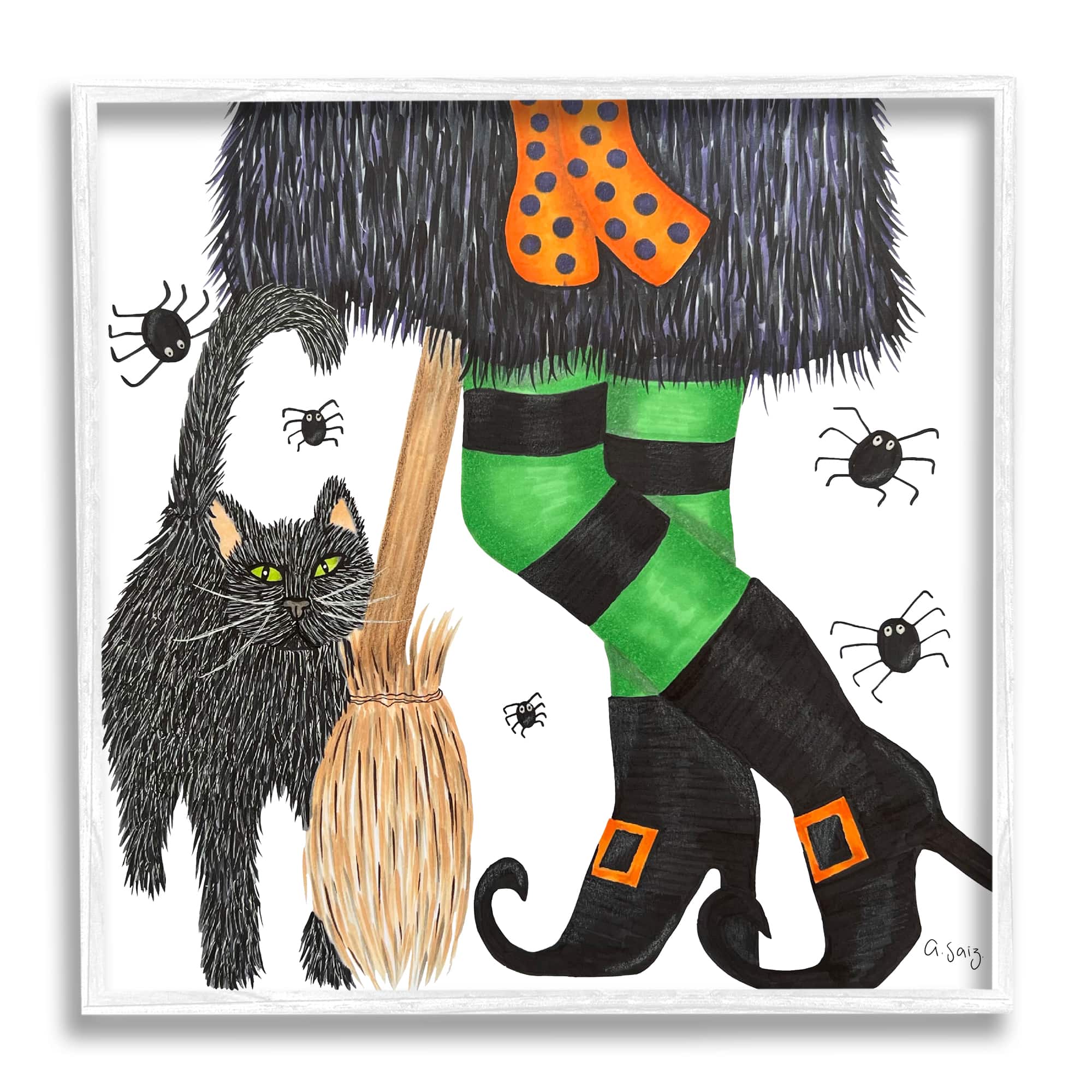 Stupell Industries Witch Broom Halloween Black Cat Framed Giclee Art