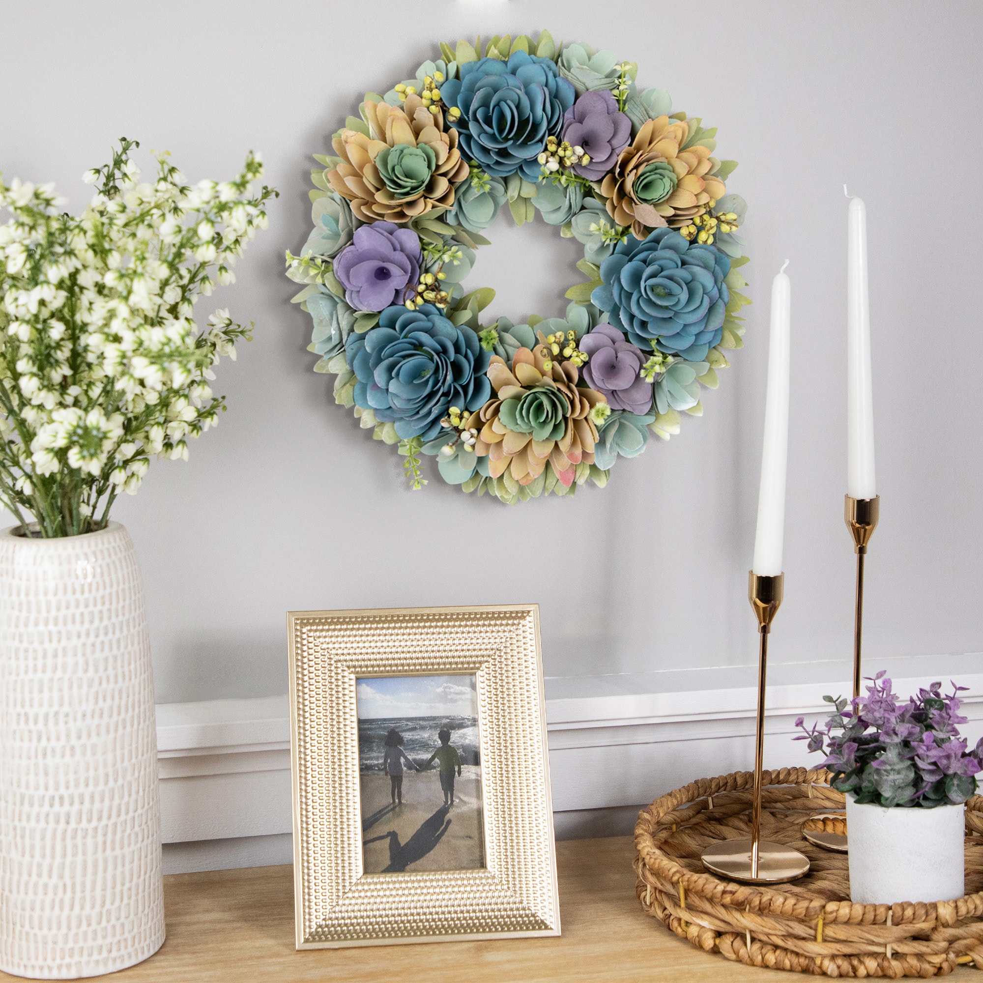 14" Wooden Floral Spring Artificial Wreath with Seed Pods