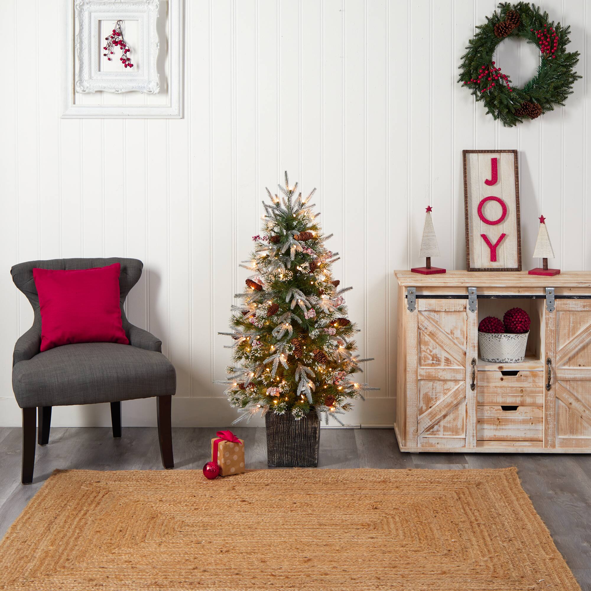 4ft. Pre-Lit Frosted Artificial Christmas Tree in Decorative Planter, White LED Lights