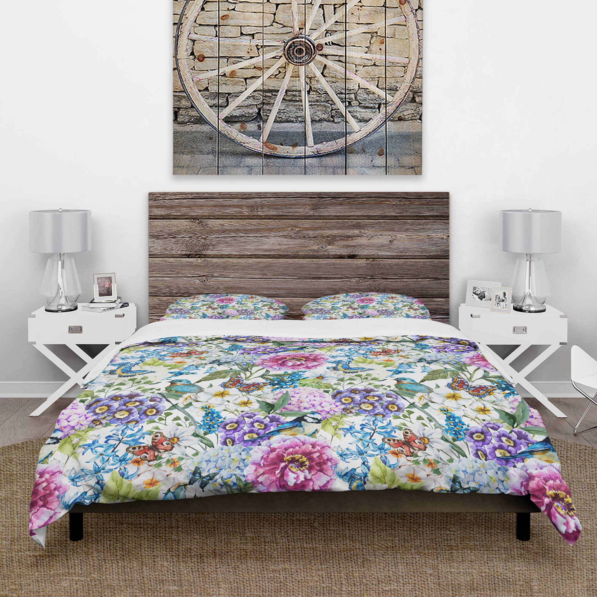 Designart &#x27;Blue Bird And Blue and Purple Blossoming Flowers&#x27; Floral Bedding Set - Duvet Cover &#x26; Shams