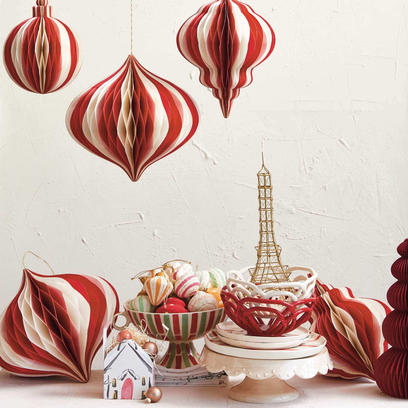 Hello Honey&#xAE; Red &#x26; Cream Glittering Honeycomb Paper Ornaments, 2ct.
