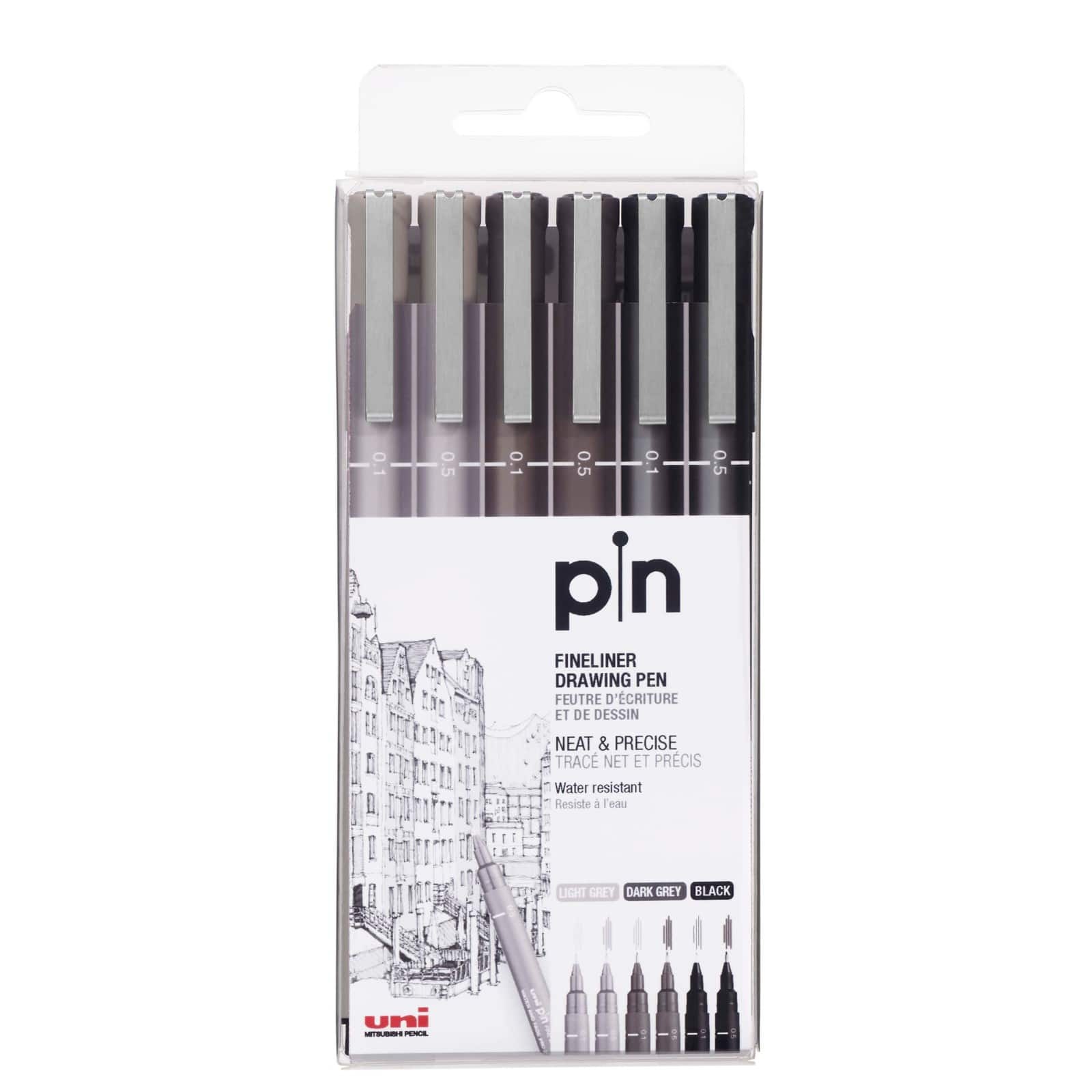Uni-Ball&#xAE; Pin Gray &#x26; Black Fineliner Drawing 6 Pen Set