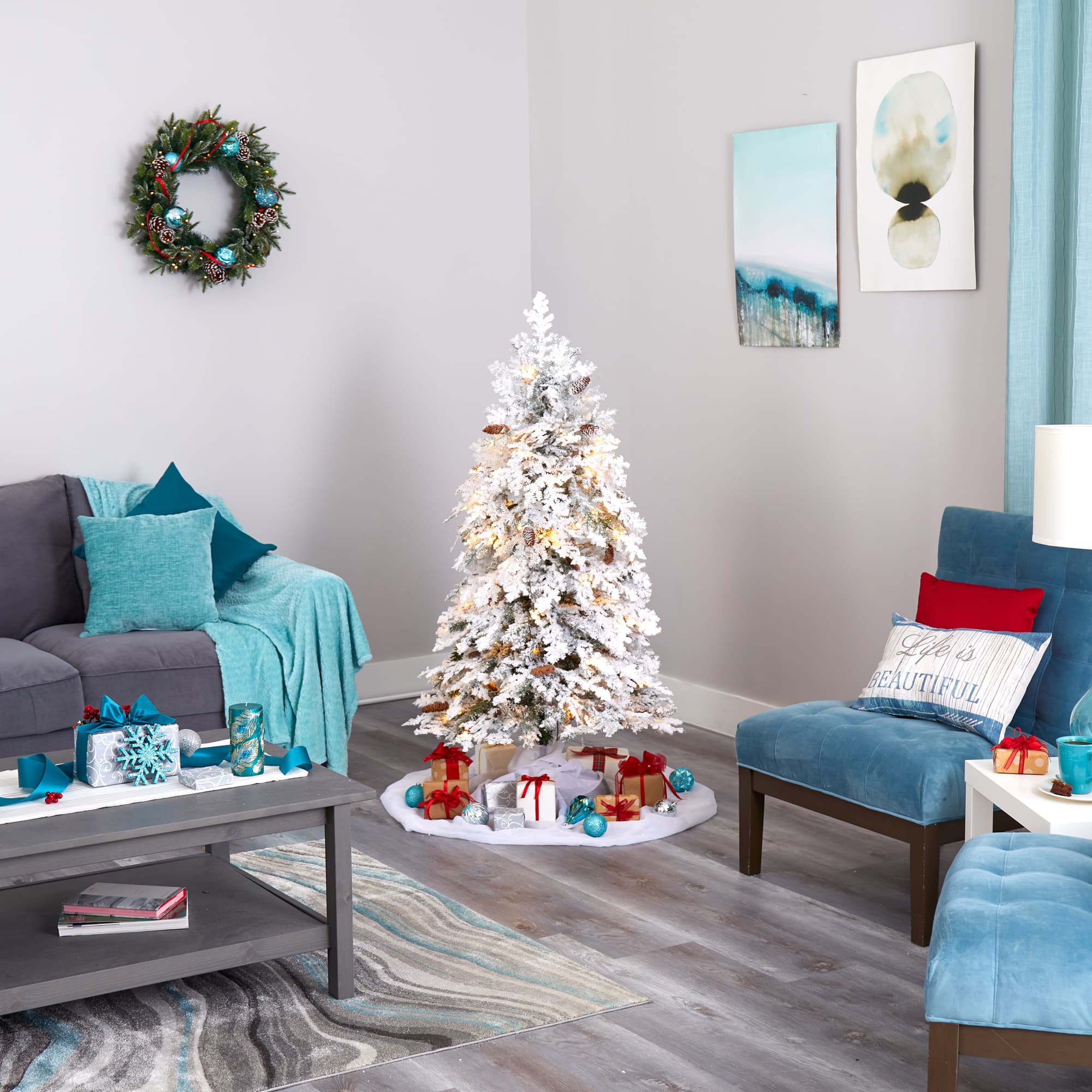 5ft. Pre-Lit Flocked Montana Down Swept Spruce Artificial Christmas Tree with Clear LED Lights