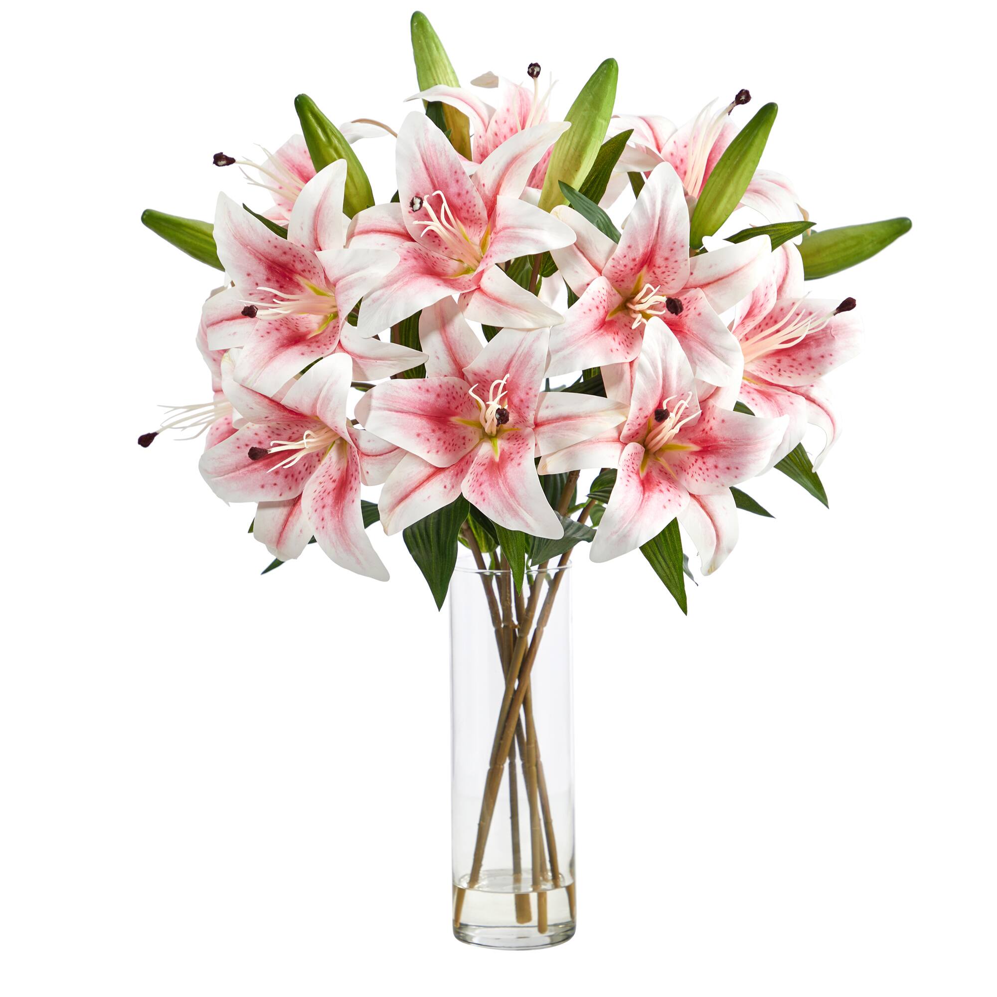 25" Artificial Pink Lily Arrangement with Cylinder Glass Vase