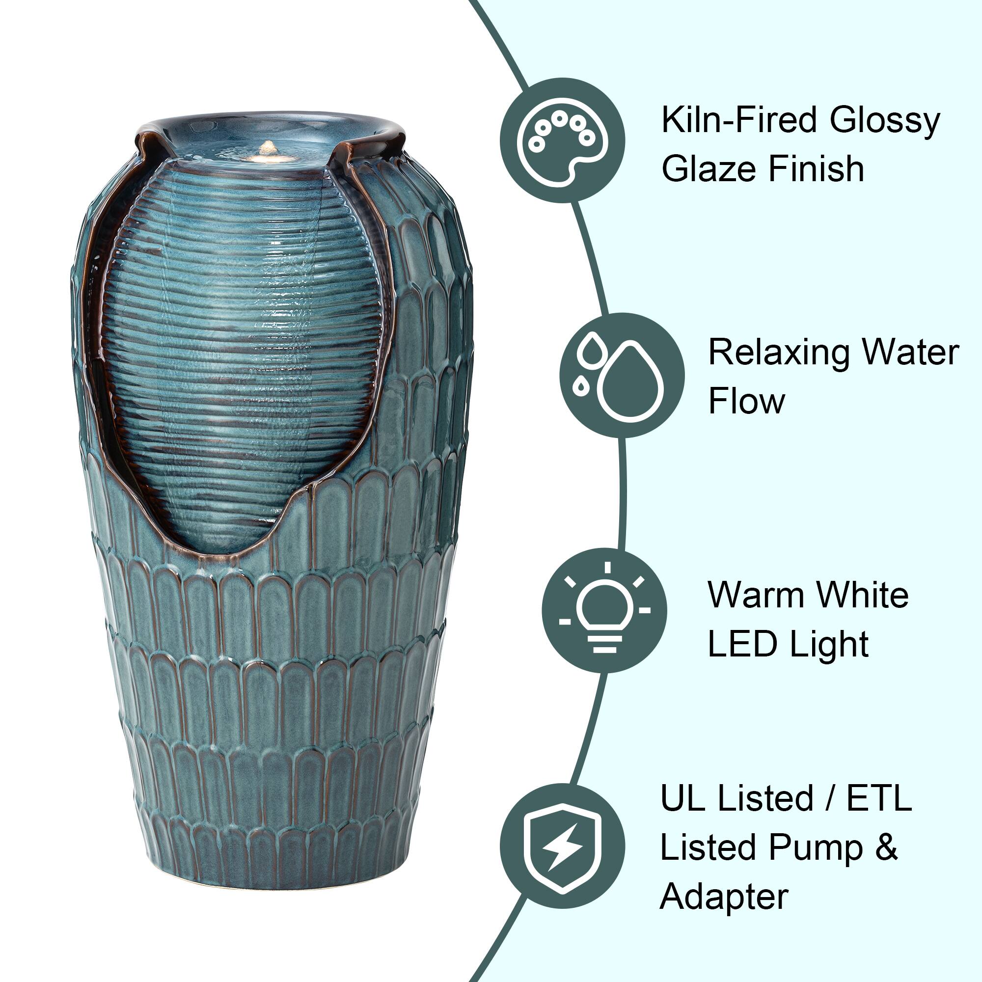 Glitzhome&#xAE; 28.25&#x22; LED Petals Textured Ceramic Jar Outdoor Floor Fountain
