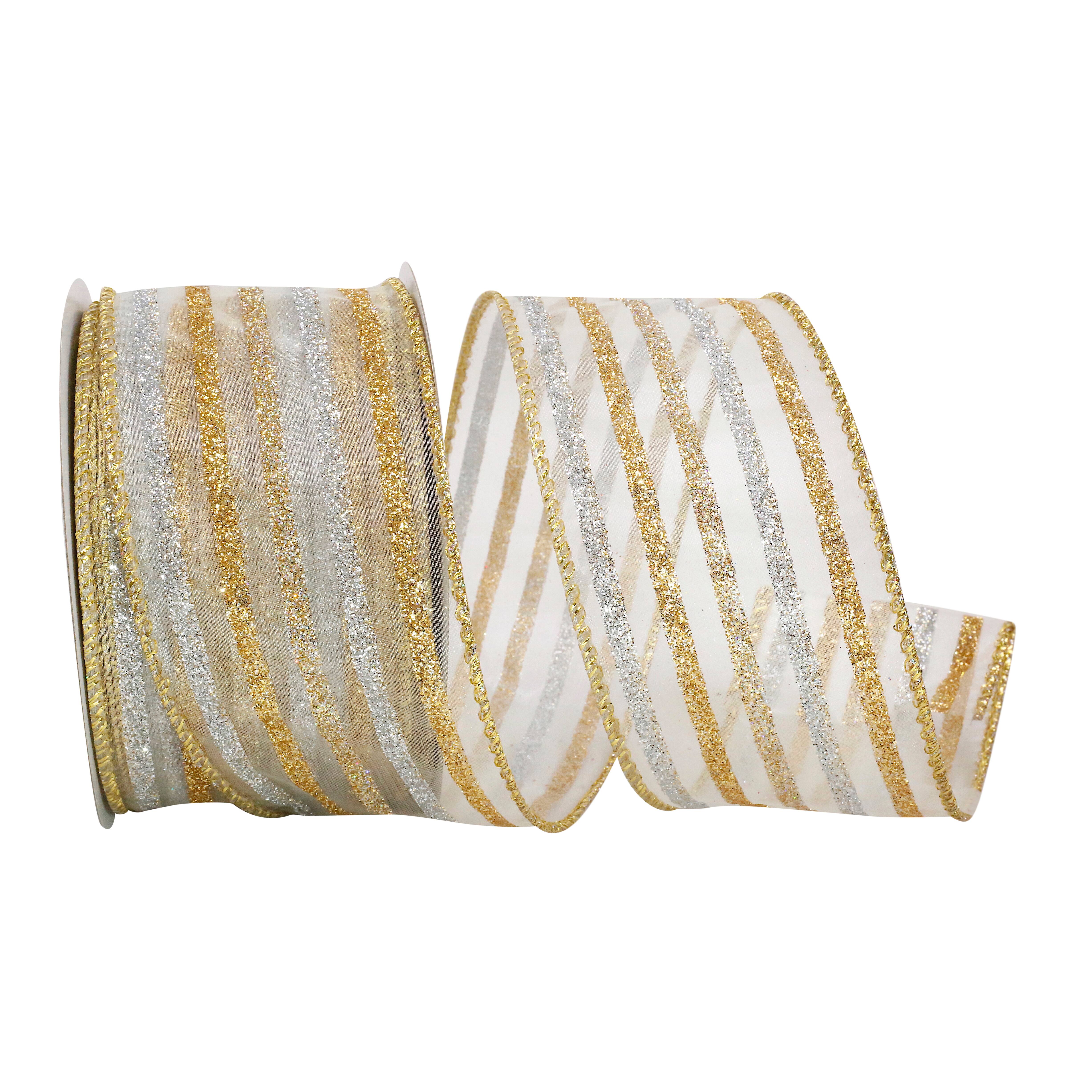 JAM Paper 2.5" x 20yd. Gold & Silver Wired Line Sheer Ribbon