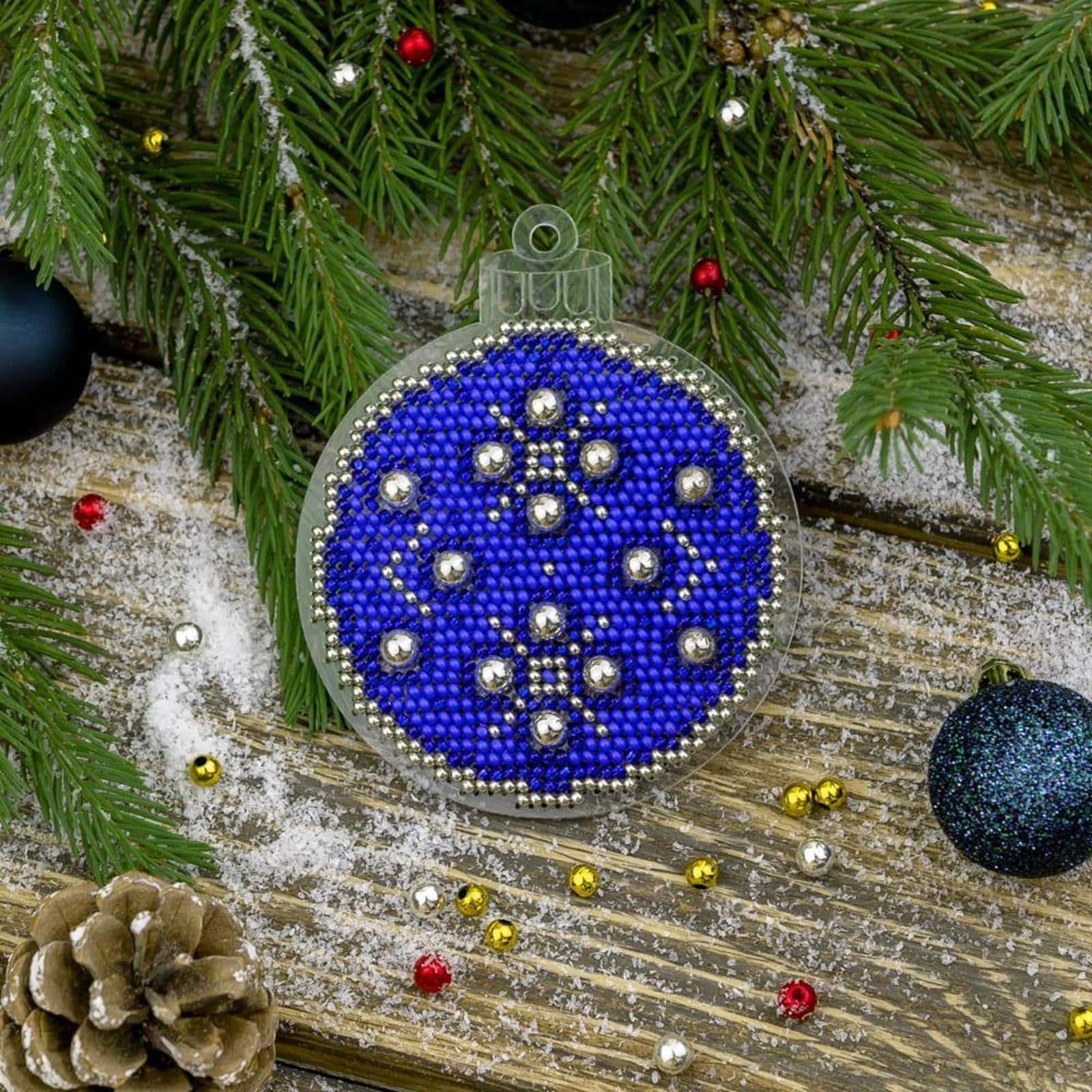 Wonderland Crafts Blue &#x26; Silver Ball Ornament Bead Embroidery on Plastic Kit