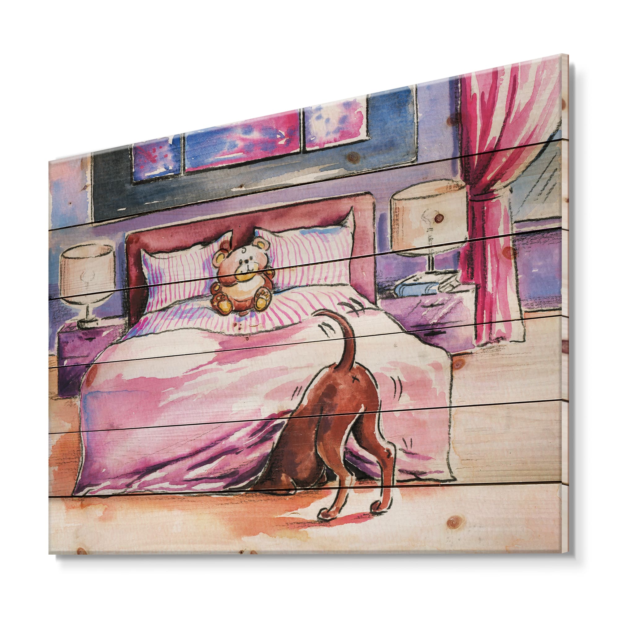 Designart - Brown Dog Looking Under the Bed - Farmhouse Print on Natural Pine Wood