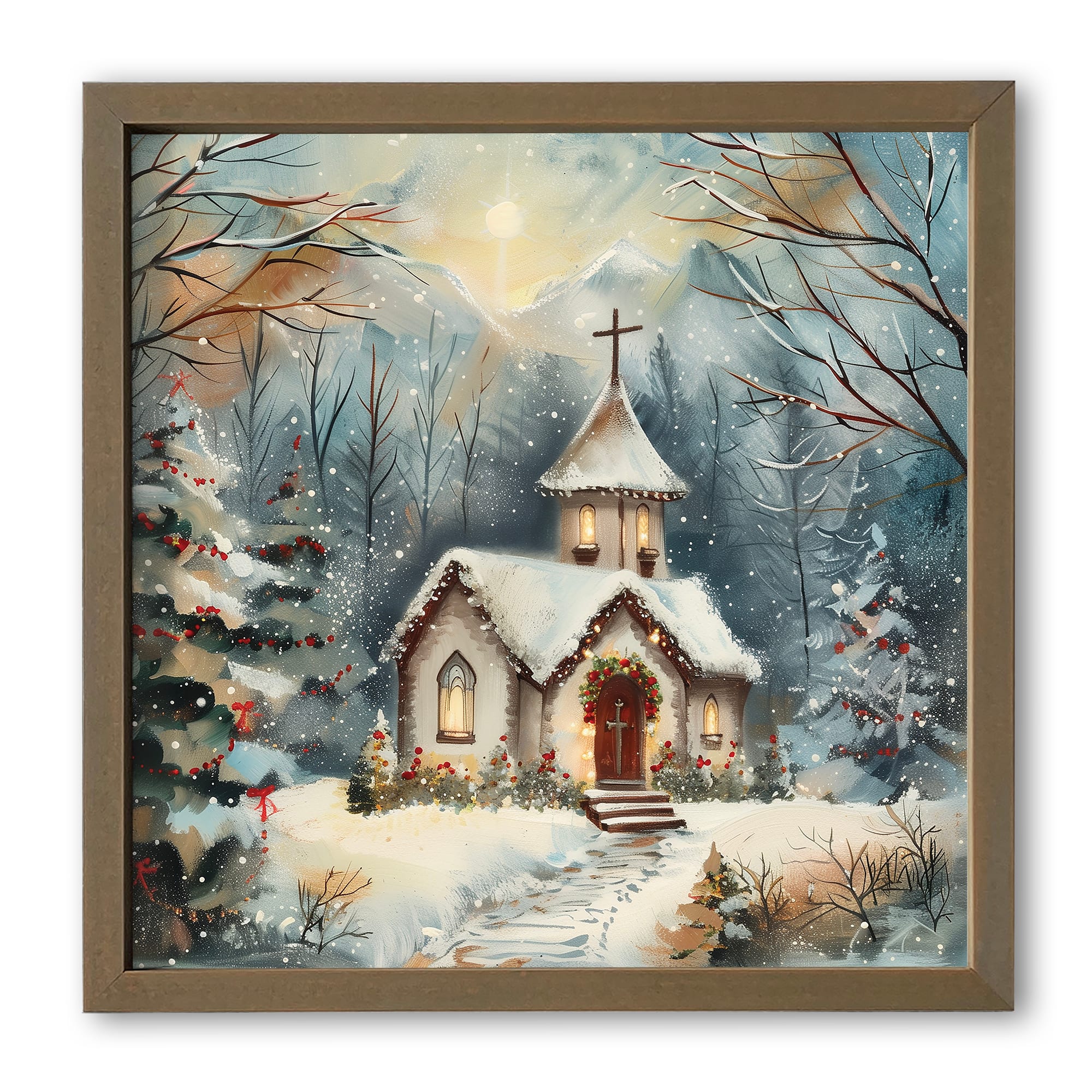 Snowy Holiday Church 16" x 16" Brown Framed Print