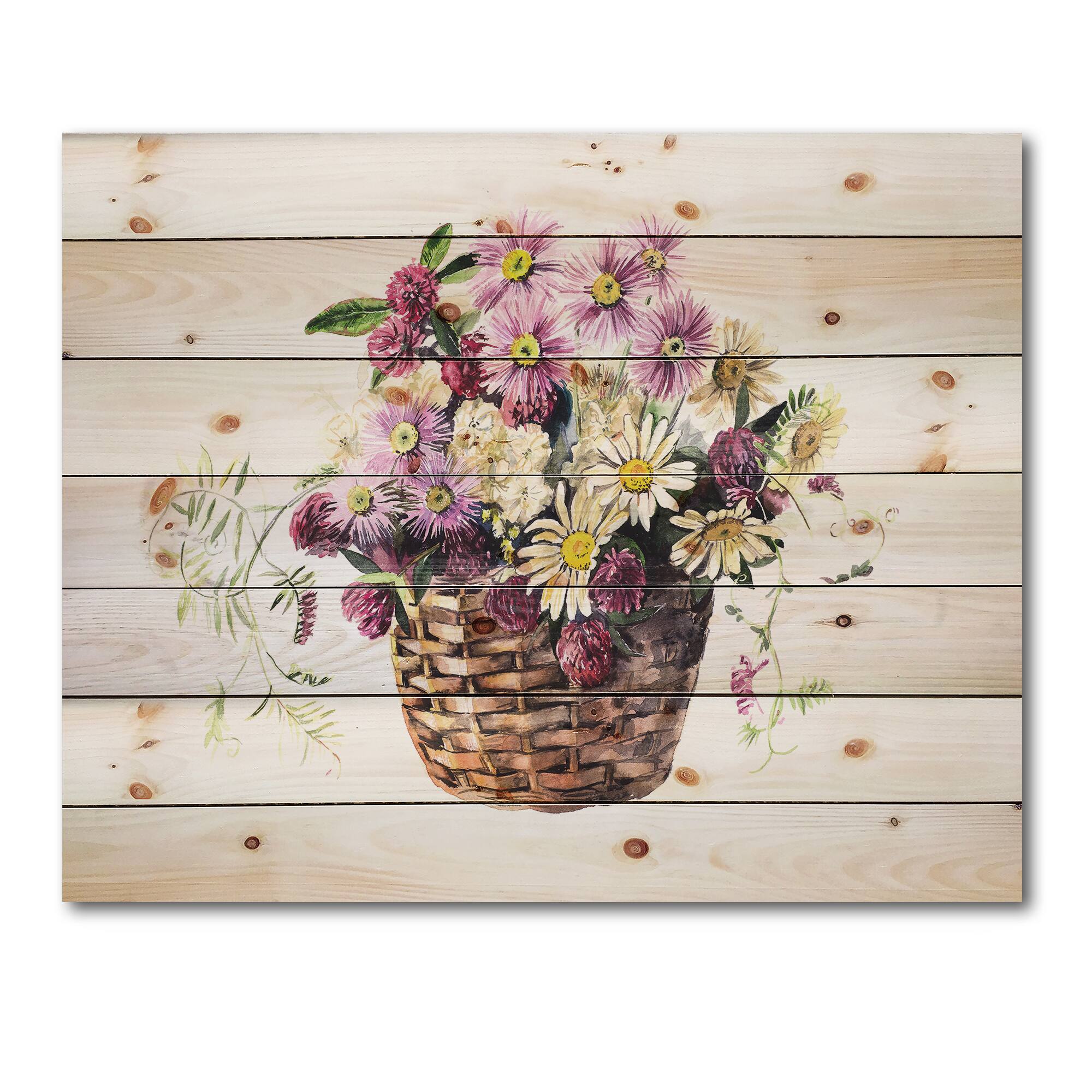 Designart - Bouquet From Meadow Flowers In The Basket - Traditional Print on Natural Pine Wood