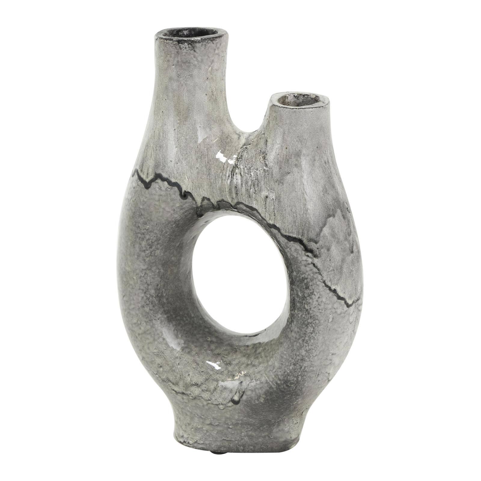 Gray Paper Mache Abstract Circular Vase with Dual Openings