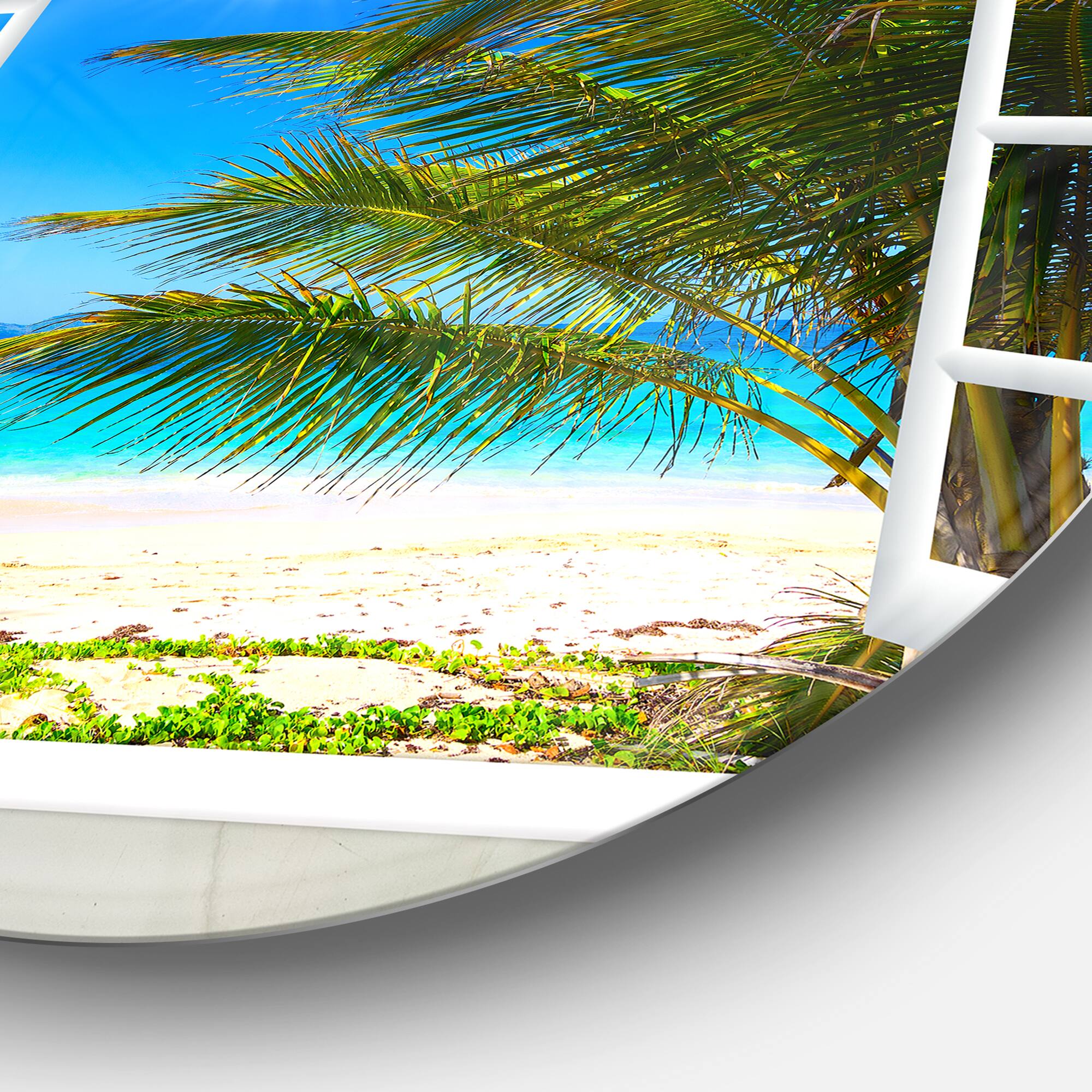 Designart - Window Open to Beach with Palm&#x27; Extra Large Seashore Metal Circle Wall Art