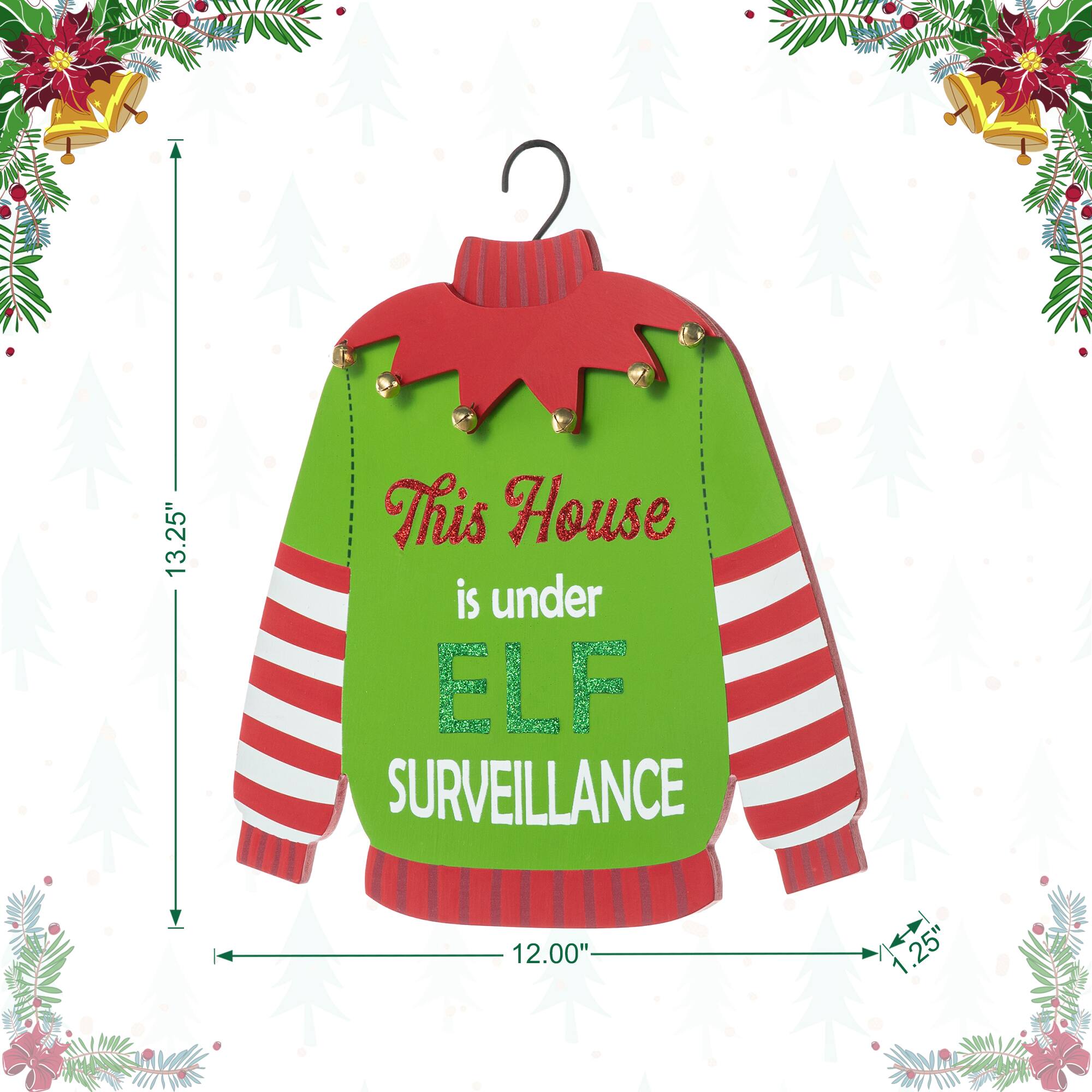 Glitzhome&#xAE; 13.25&#x22; Christmas Elf Sweater Sign Door Hanger