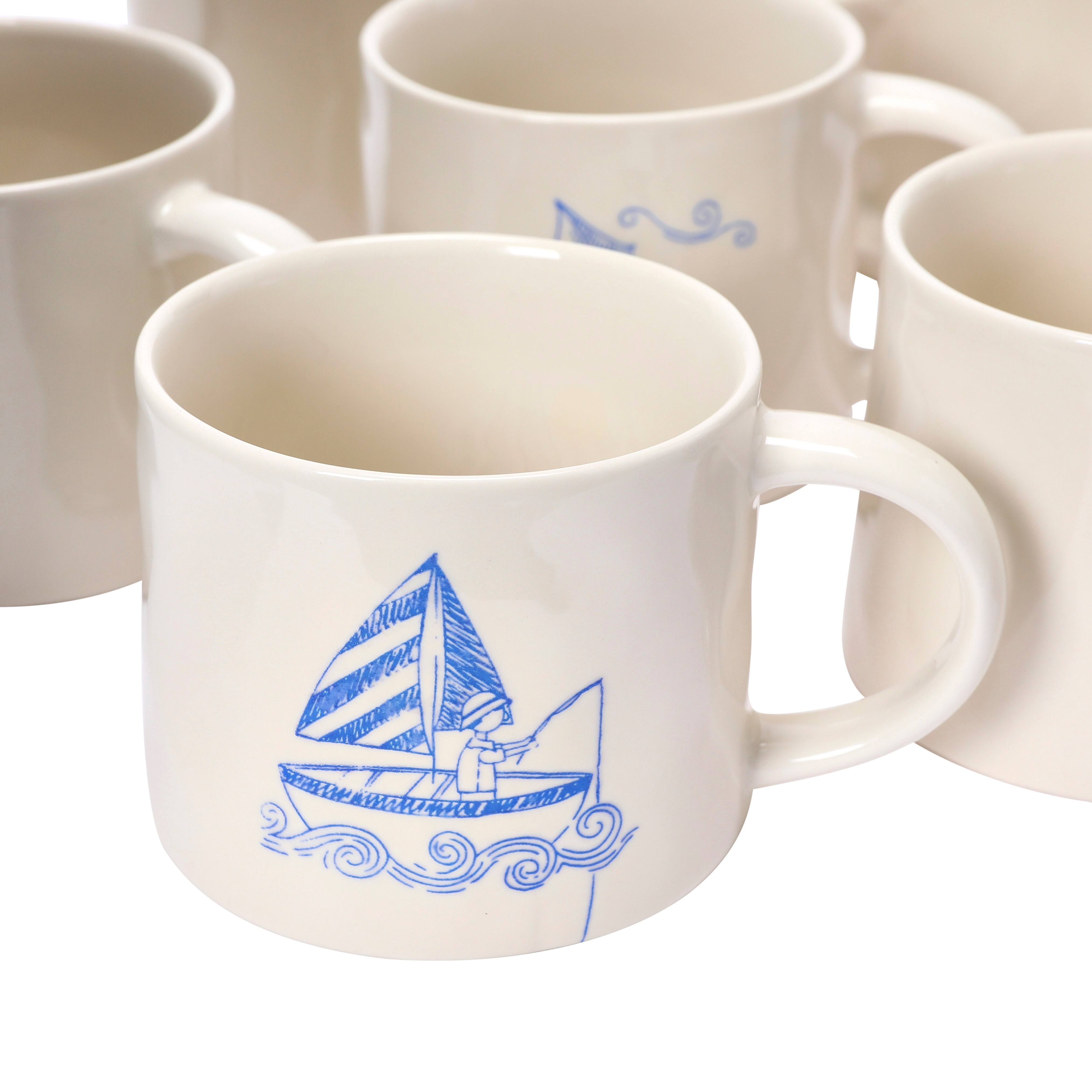 Hello Honey® 16oz. Cream and Blue Stoneware Mug Set with Wax Relief Illustration and Secret Image on Bottom