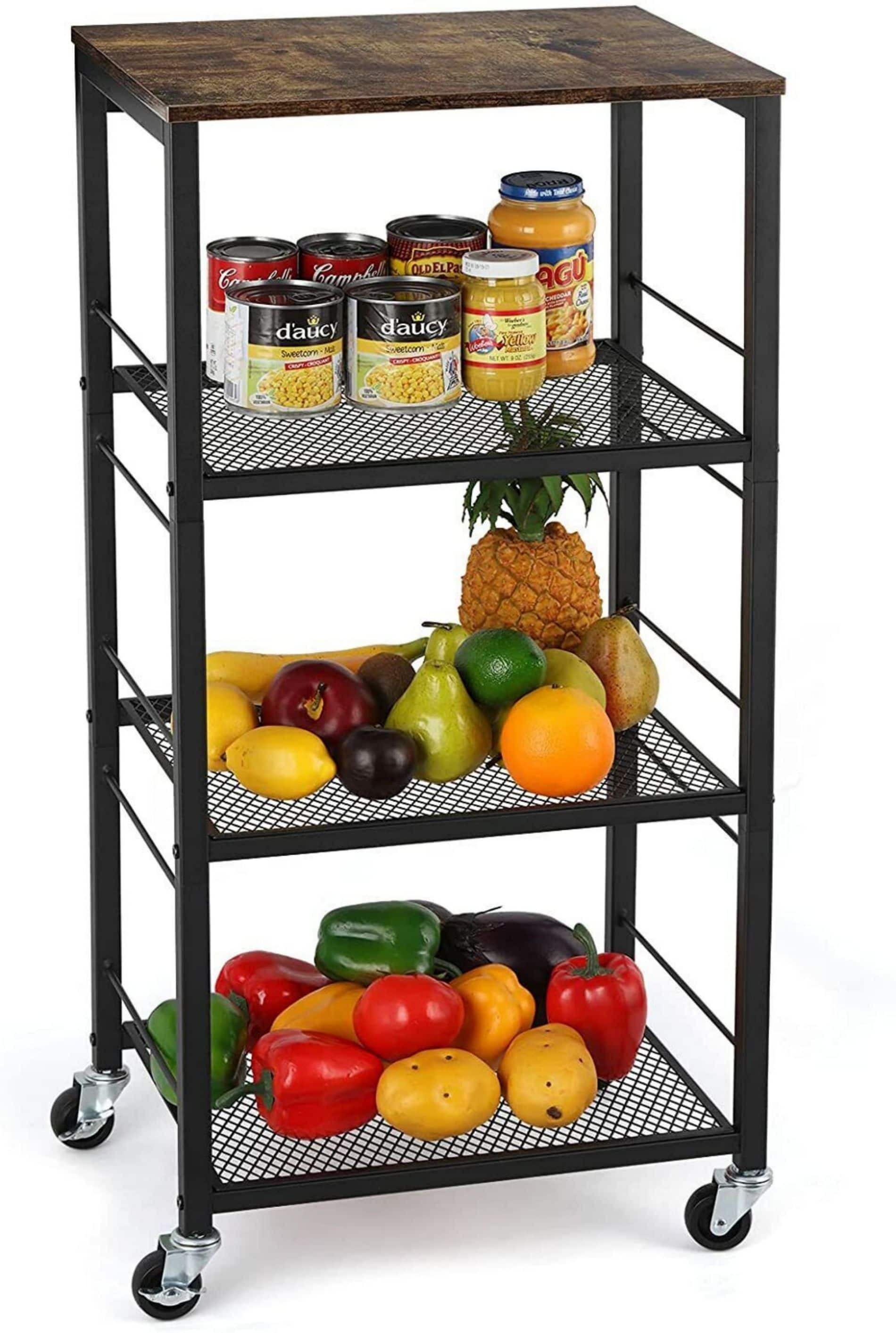 Rustic Brown 4-Tier Industrial Metal Rolling Storage Cart