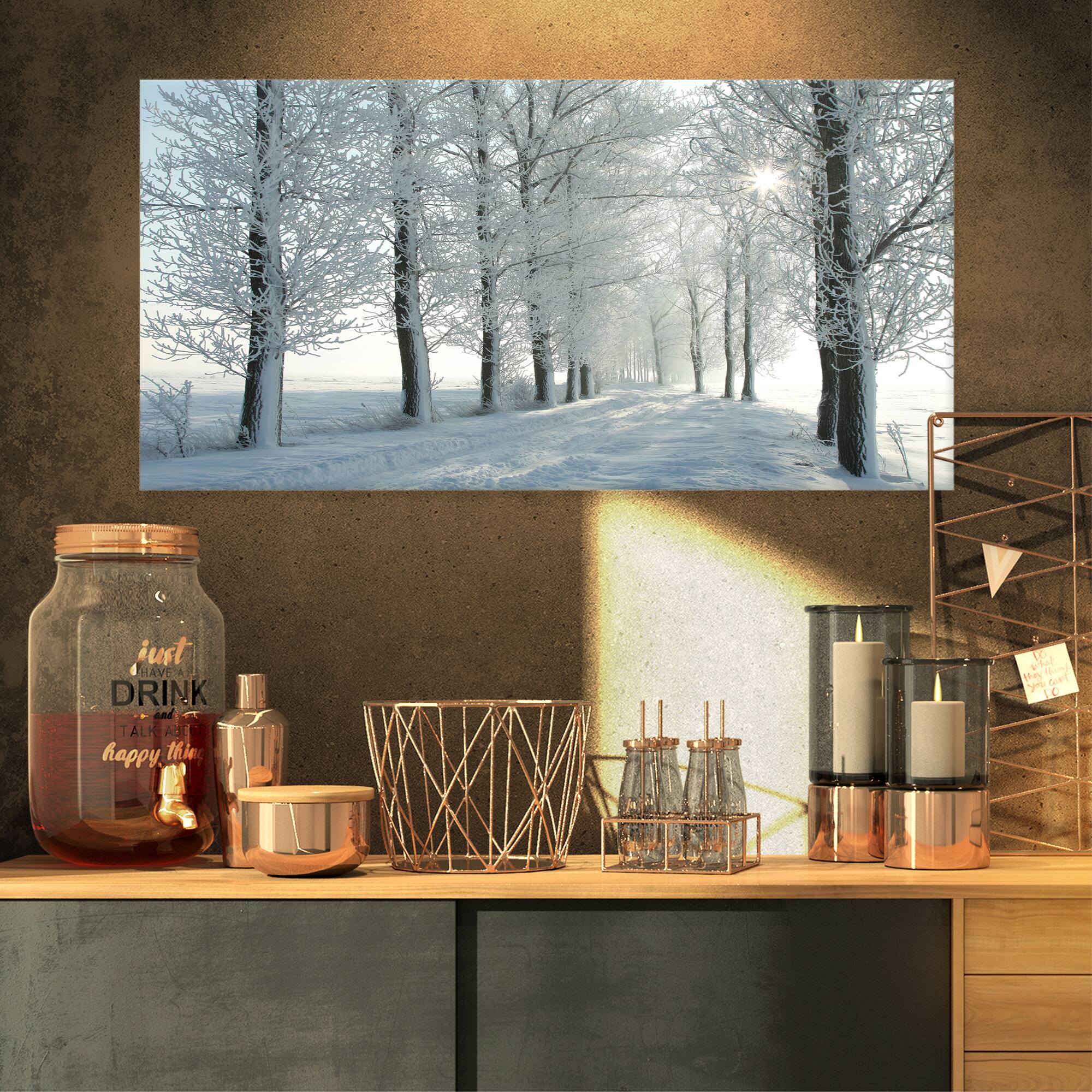Designart - Winter Trees Backlit by Morning Sun - Large Forest Canvas Art Print