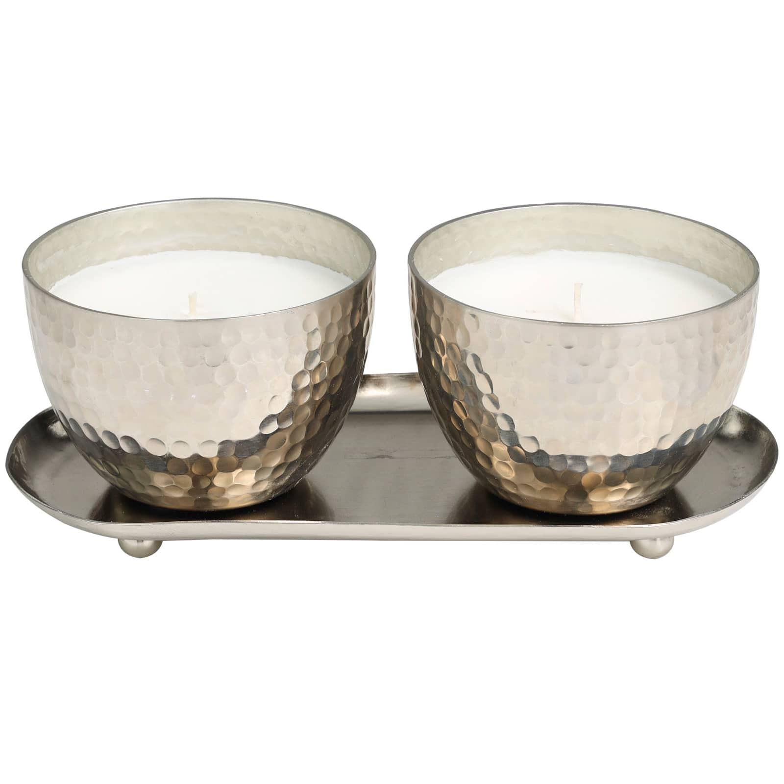 Sweet Bamboo Scented Candles in Silver Hammered Bowls Set