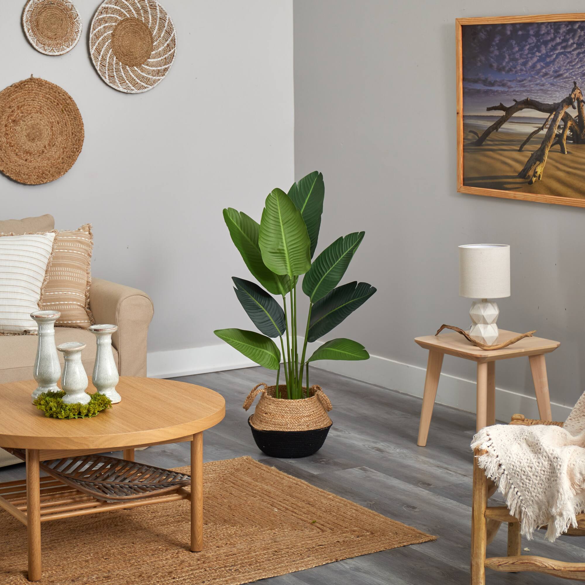 4ft. Travelers Palm Artificial Tree in Boho Chic Handmade Cotton & Jute Black Woven Planter