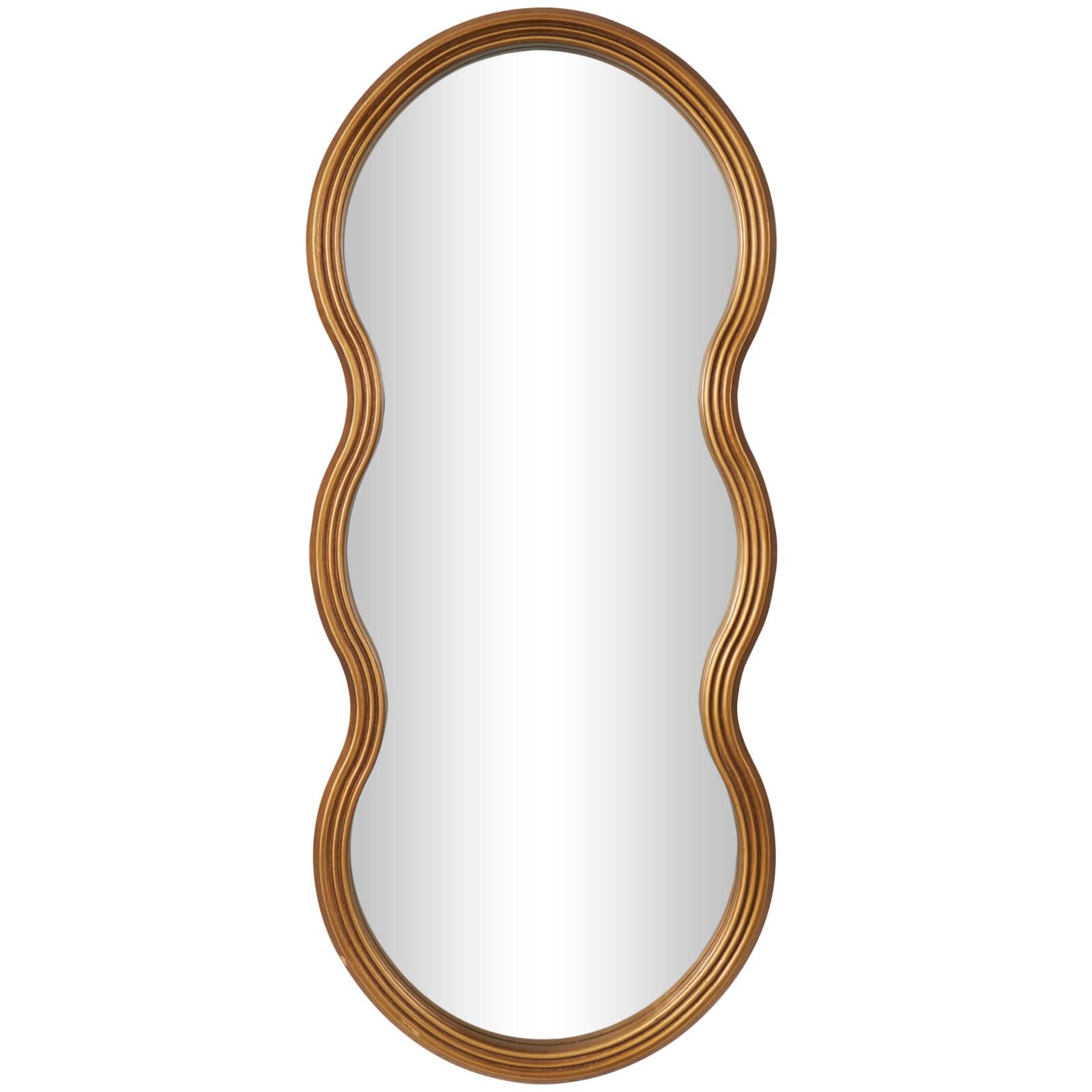 47&#x22; Gold Wooden Wavy-Shaped Wall Mirror with Ribbed Frame