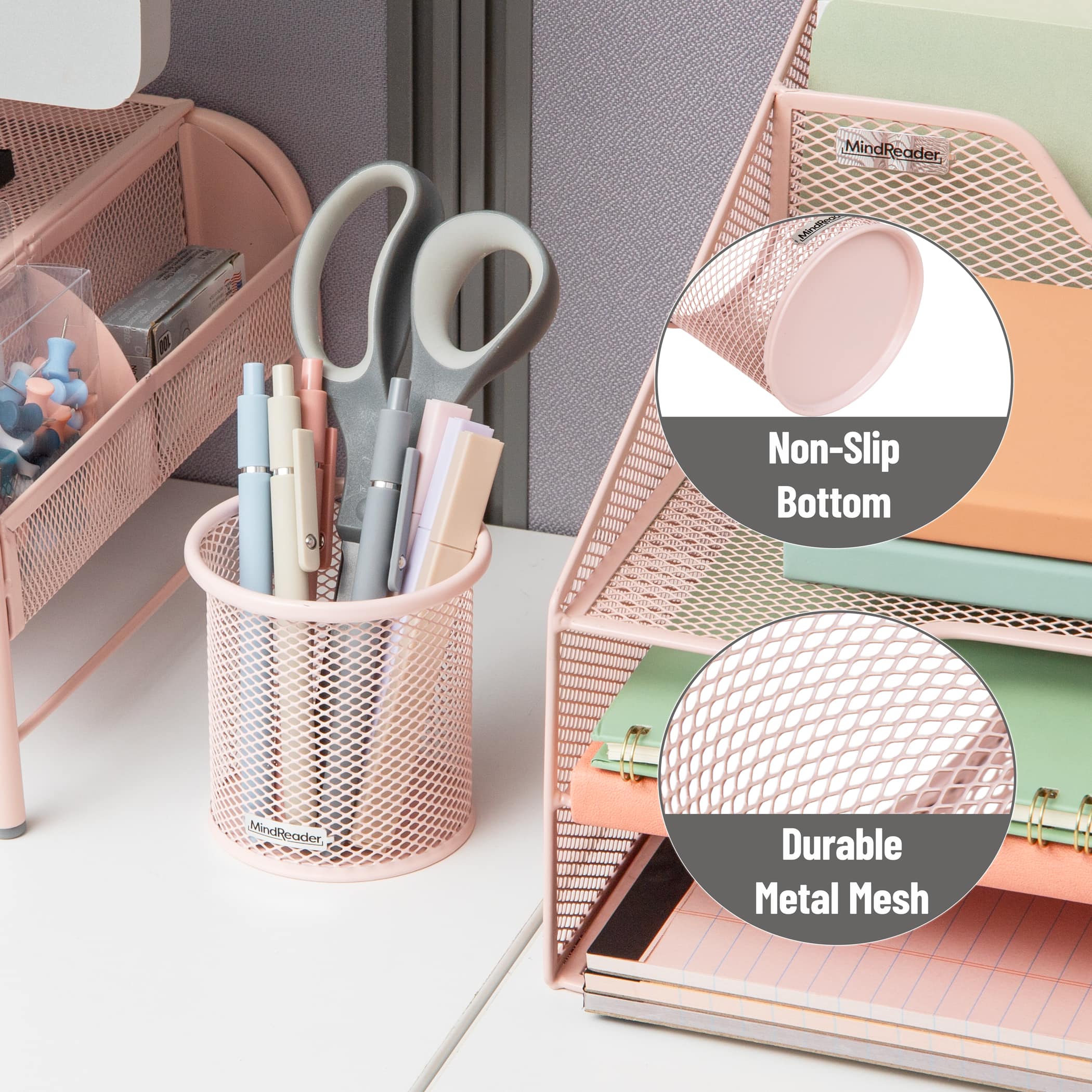 Mind Reader Pen and Accessories Holder, Desktop Organizer, Office, Metal Mesh, Set of 3, Pink