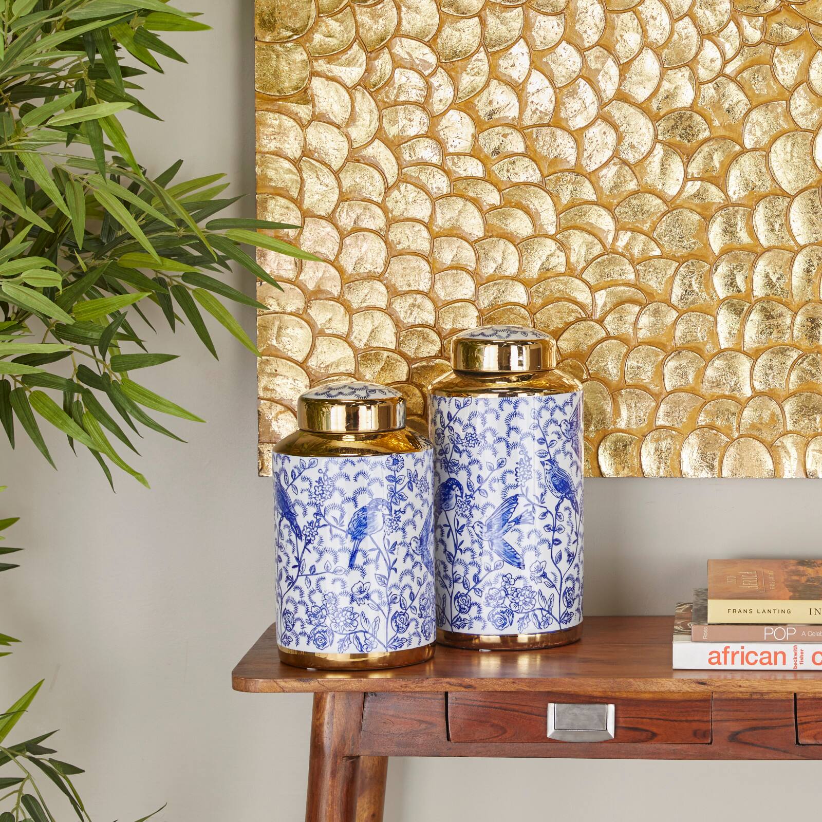 Blue & Gold Ceramic Floral Decorative Jars Set