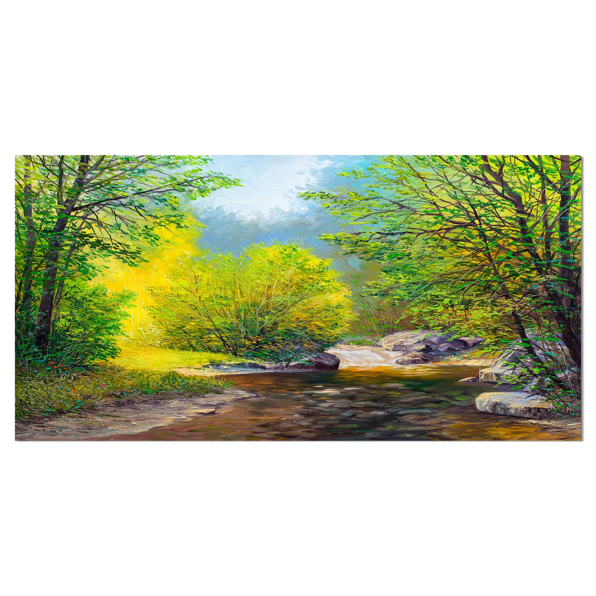 Designart - Summer Forest in Beautiful River - Landscapes Painting Print on Wrapped Canvas