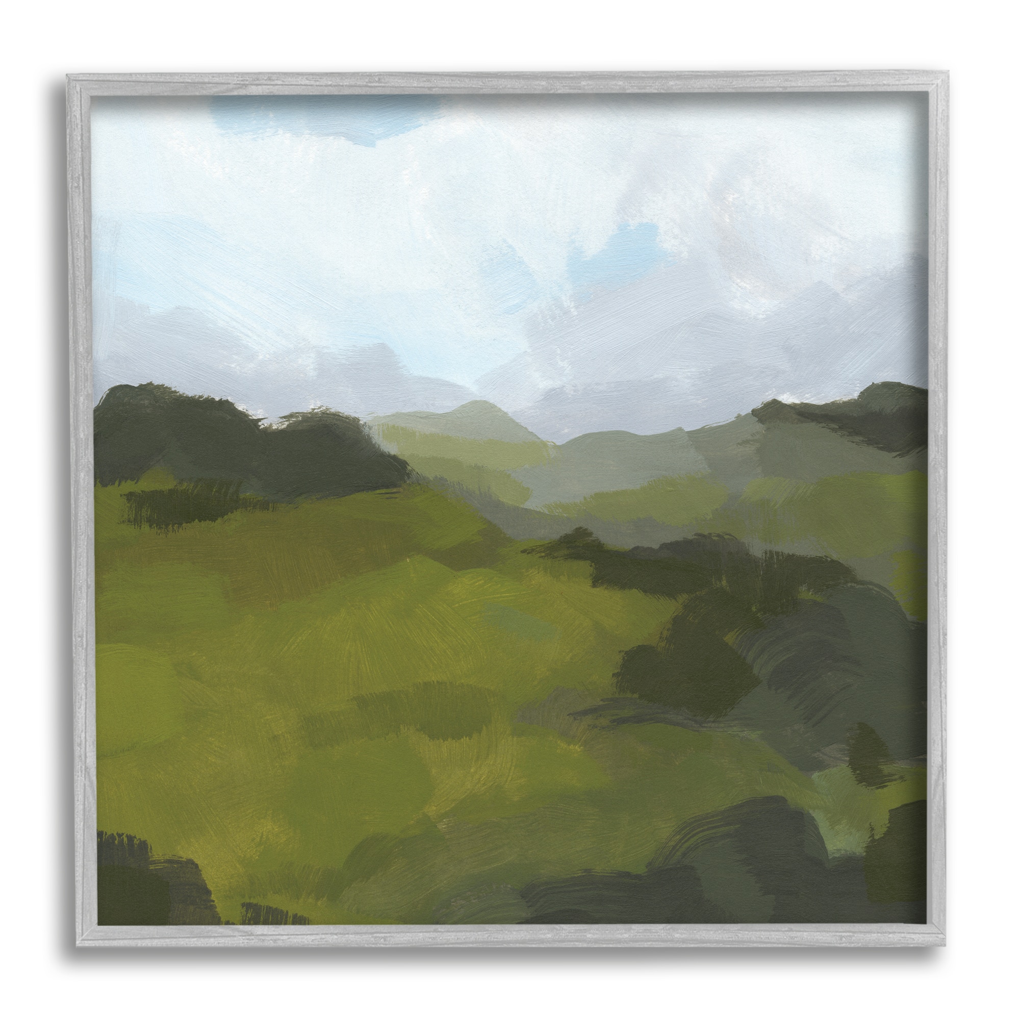 Stupell Industries Thick Green Meadow Landscape Cloudy Hazy Sky in Gray Frame Wall Art