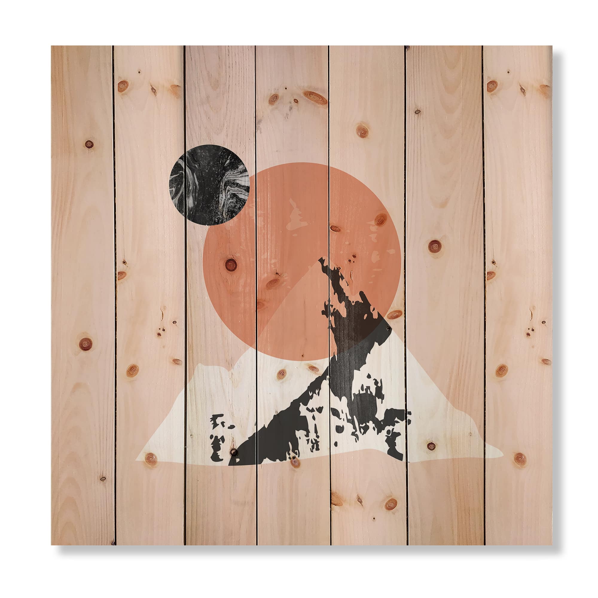 Designart - Modern Minimalist Mountain Sun and Moon - Modern Print on Natural Pine Wood