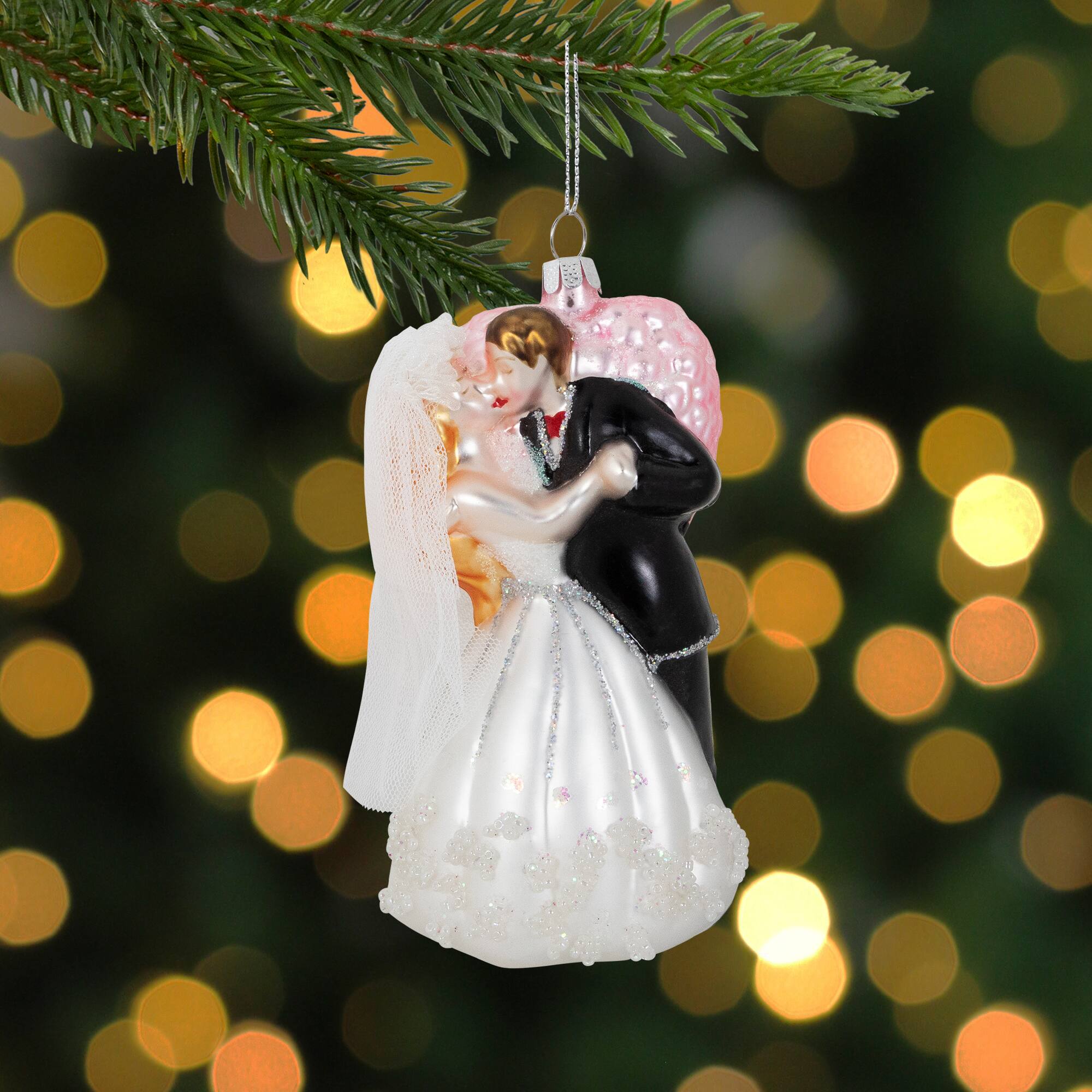 5.25" Bride and Groom Kissing Glass Wedding Christmas Ornament