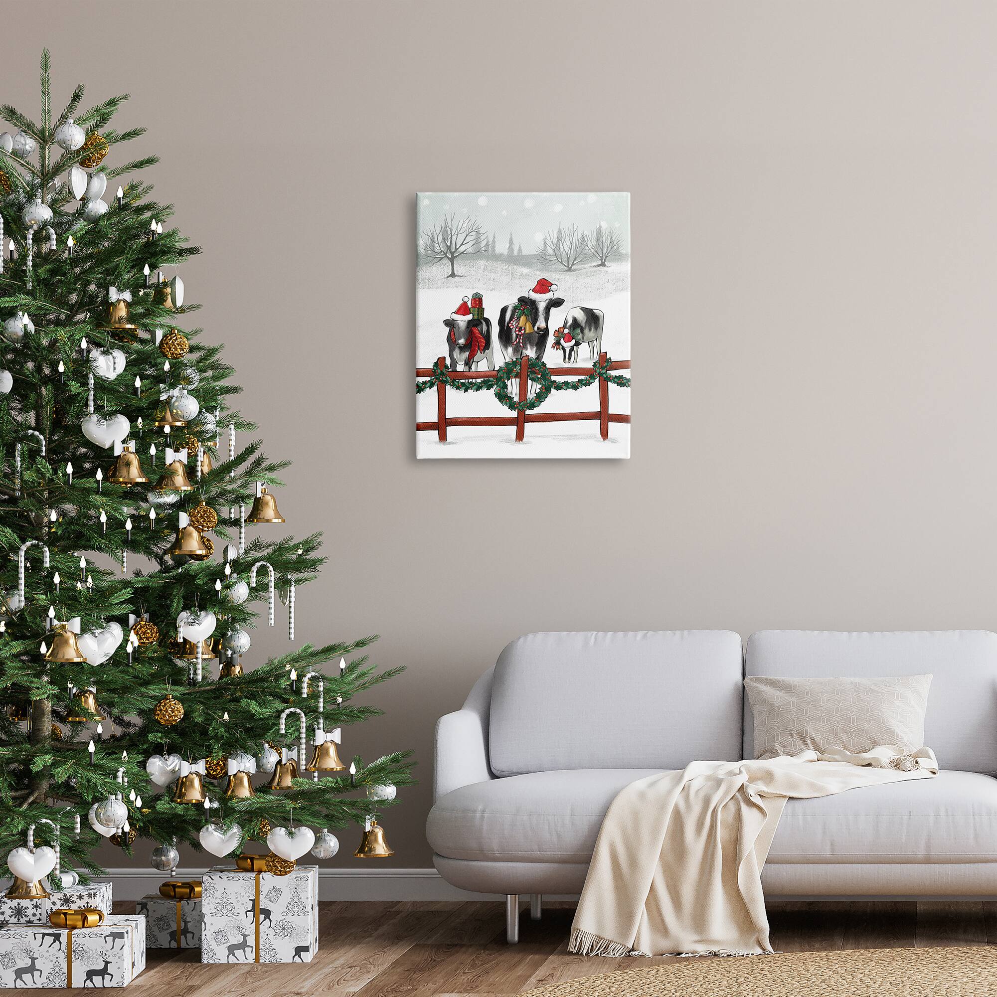 Stupell Industries Holiday Cows Farmland Fence Canvas Wall Art
