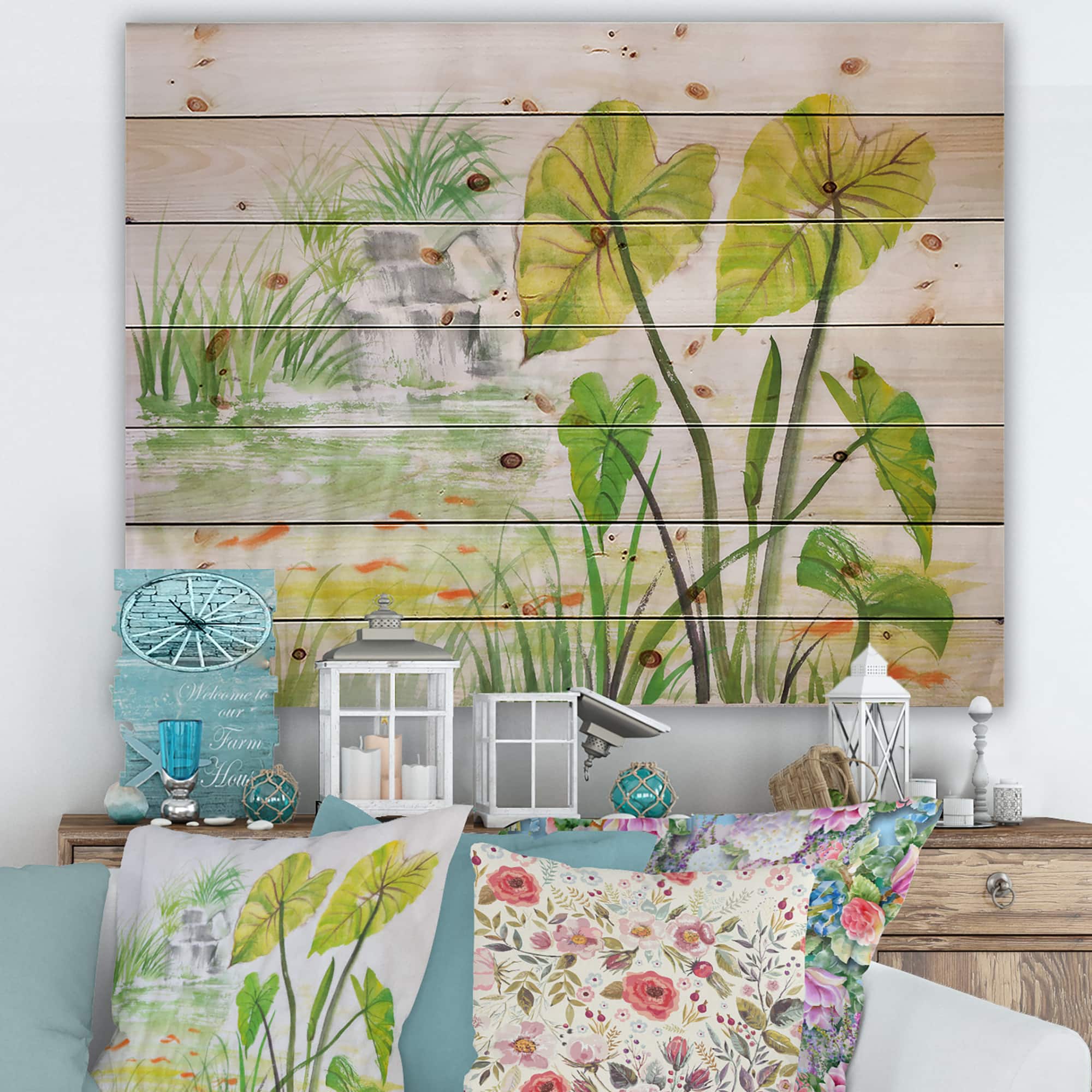 Designart - Vintage Lotus Pond - Lake House Print on Natural Pine Wood