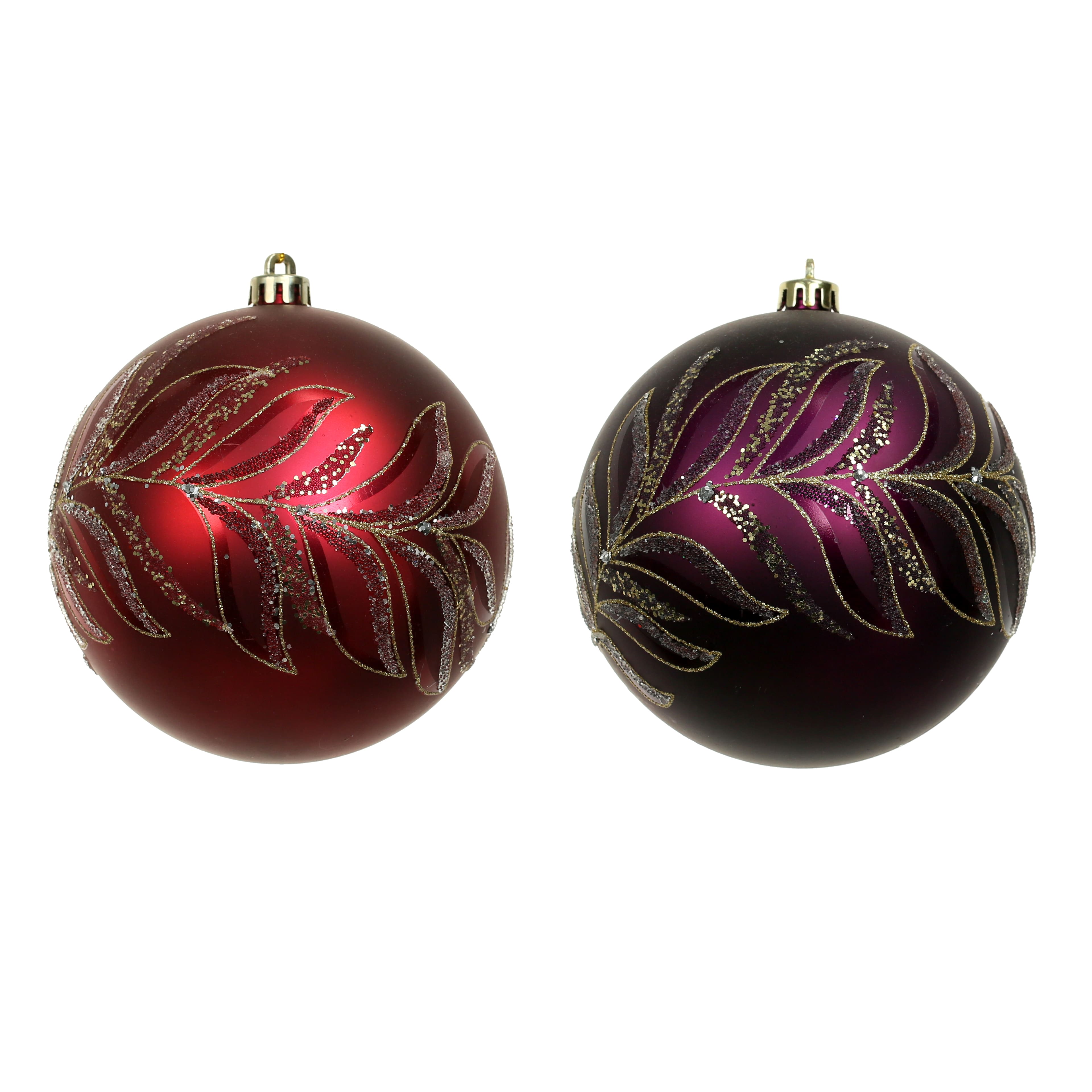 2 Pack 4.7&#x22; Purple &#x26; Red Glitter Leaves Shatterproof Ball Ornaments by Ashland&#xAE;