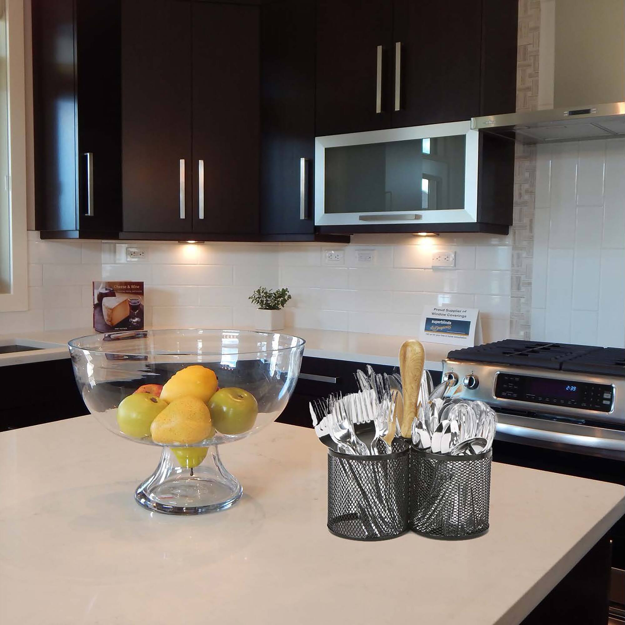 Mind Reader Network Collection Black 3-Compartment Utensil Caddy with Wooden Handle