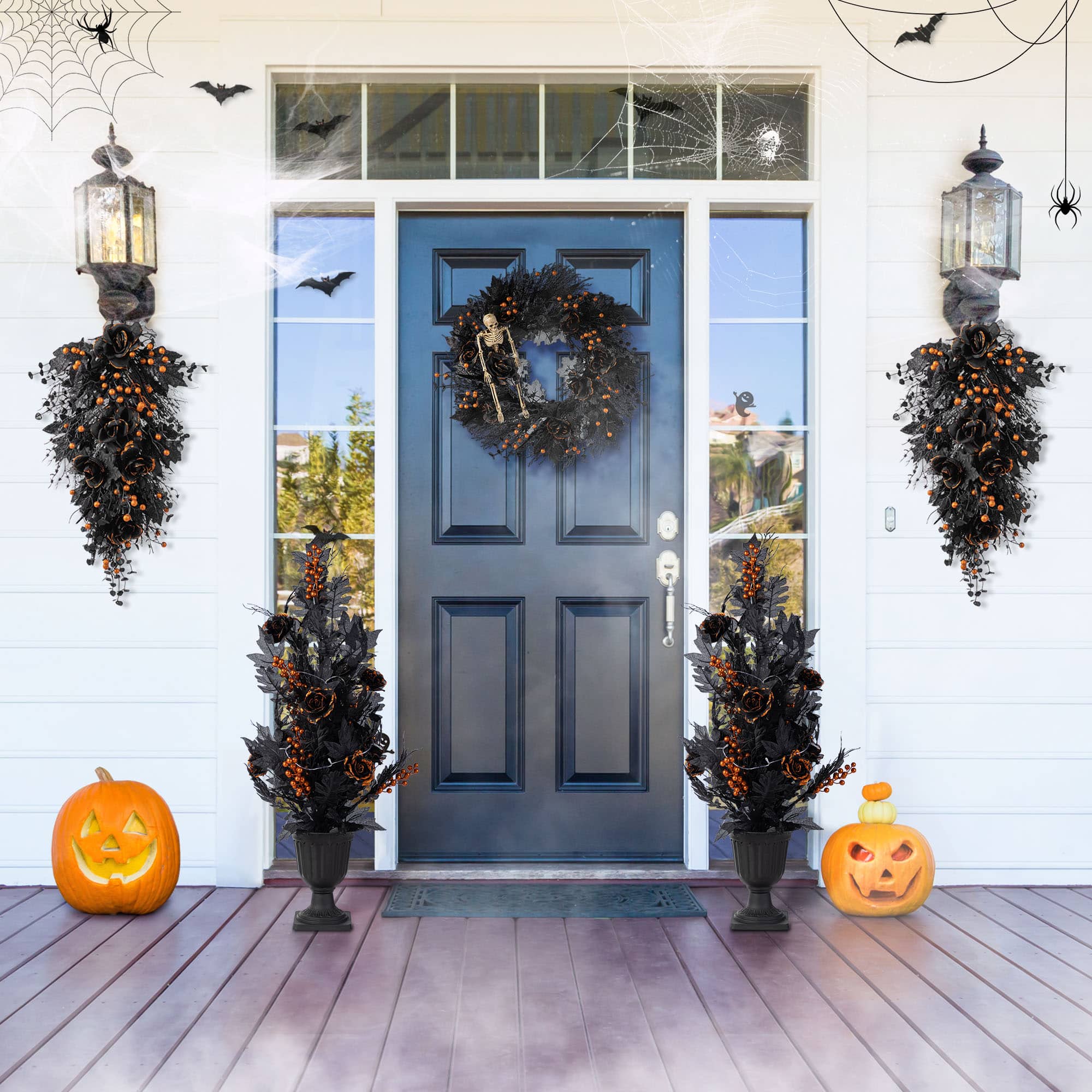 Glitzhome&#xAE; 36&#x22;H Halloween Lighted Black Rose with Orange Glitter Urn Porch Tree with Timer