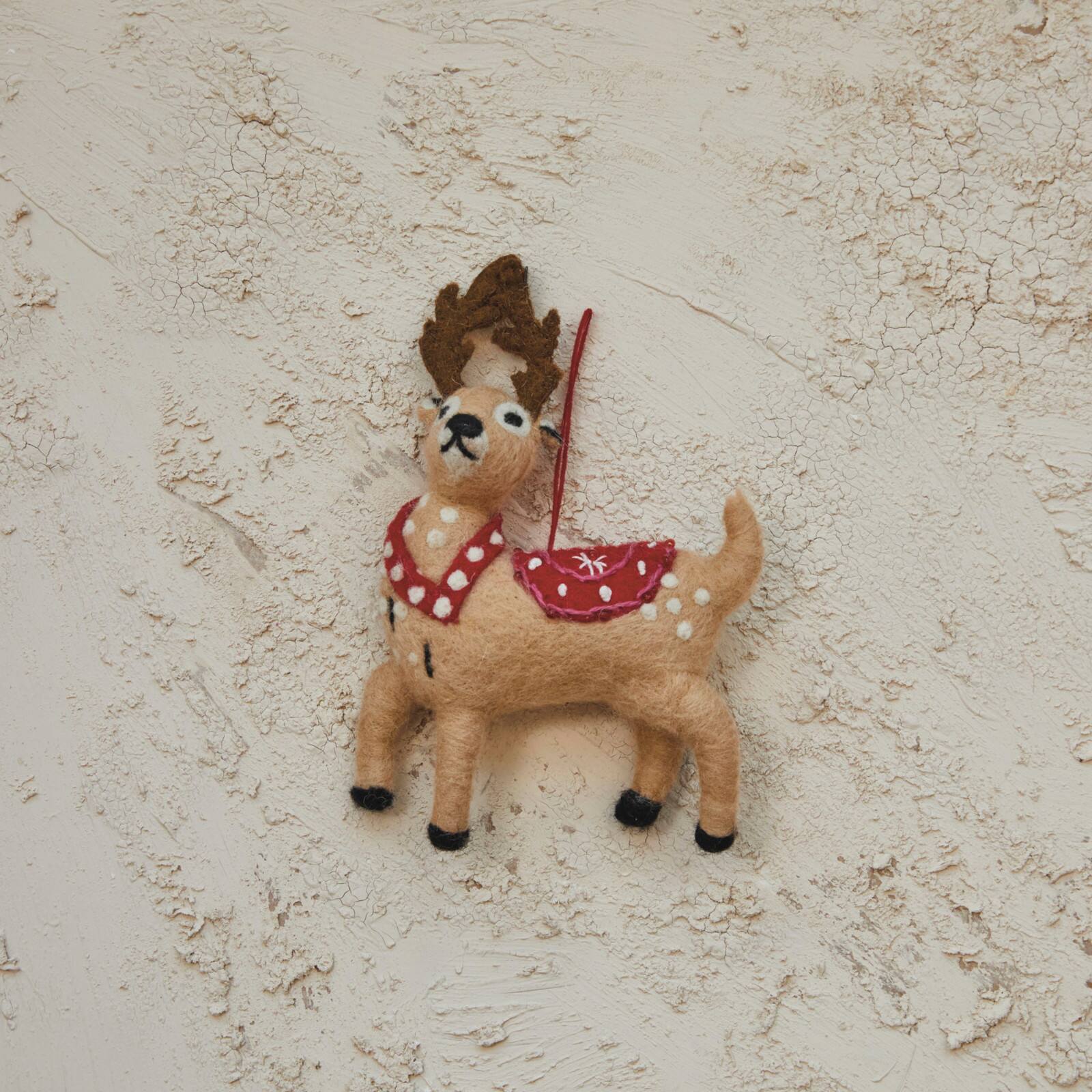 Hello Honey&#xAE; 6.5&#x22; Handmade Wool Felt Reindeer Ornament with Embroidery on a Wool String