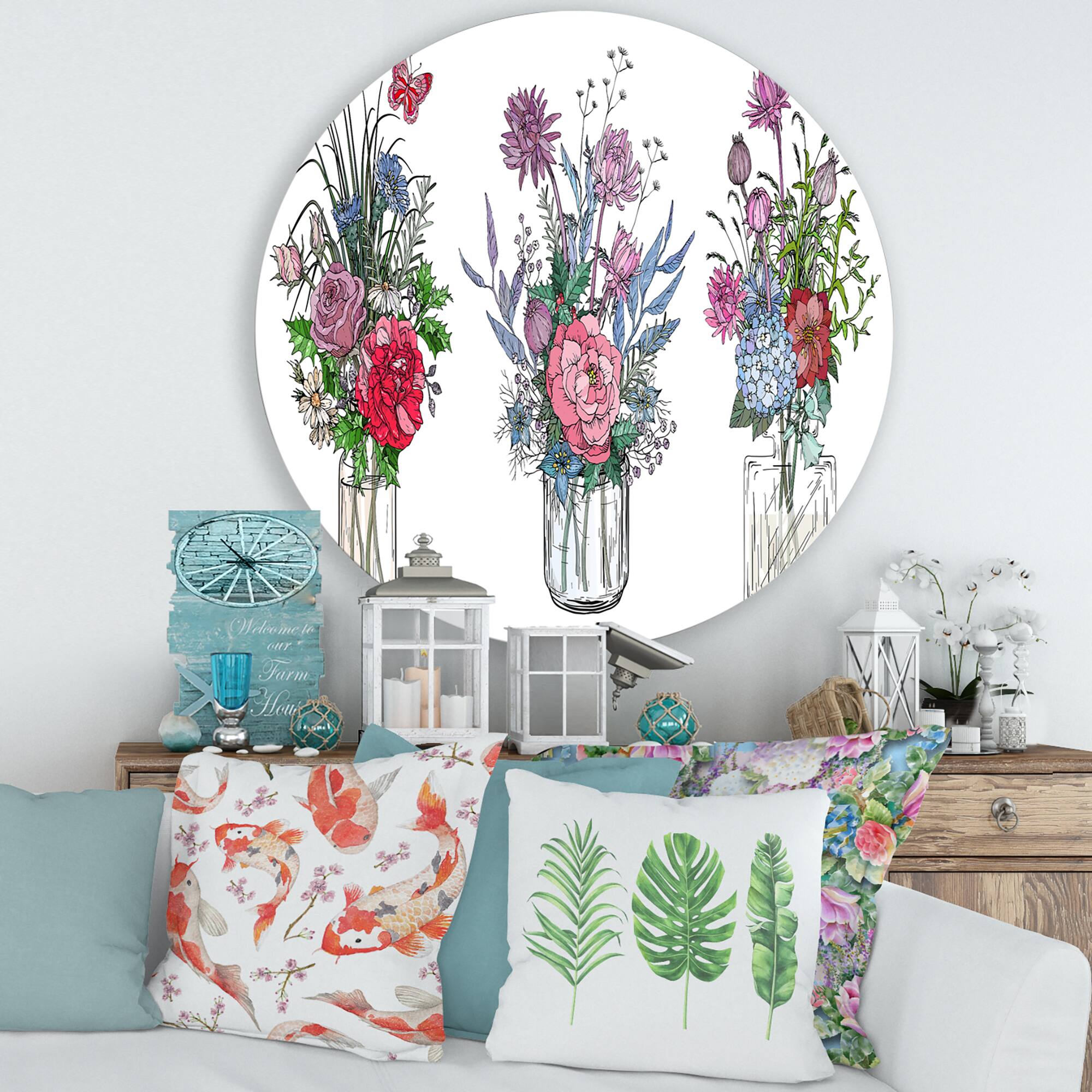 Designart - Bouquets of Wildflowers In Transparent Vases I - Farmhouse Metal Circle Wall Art