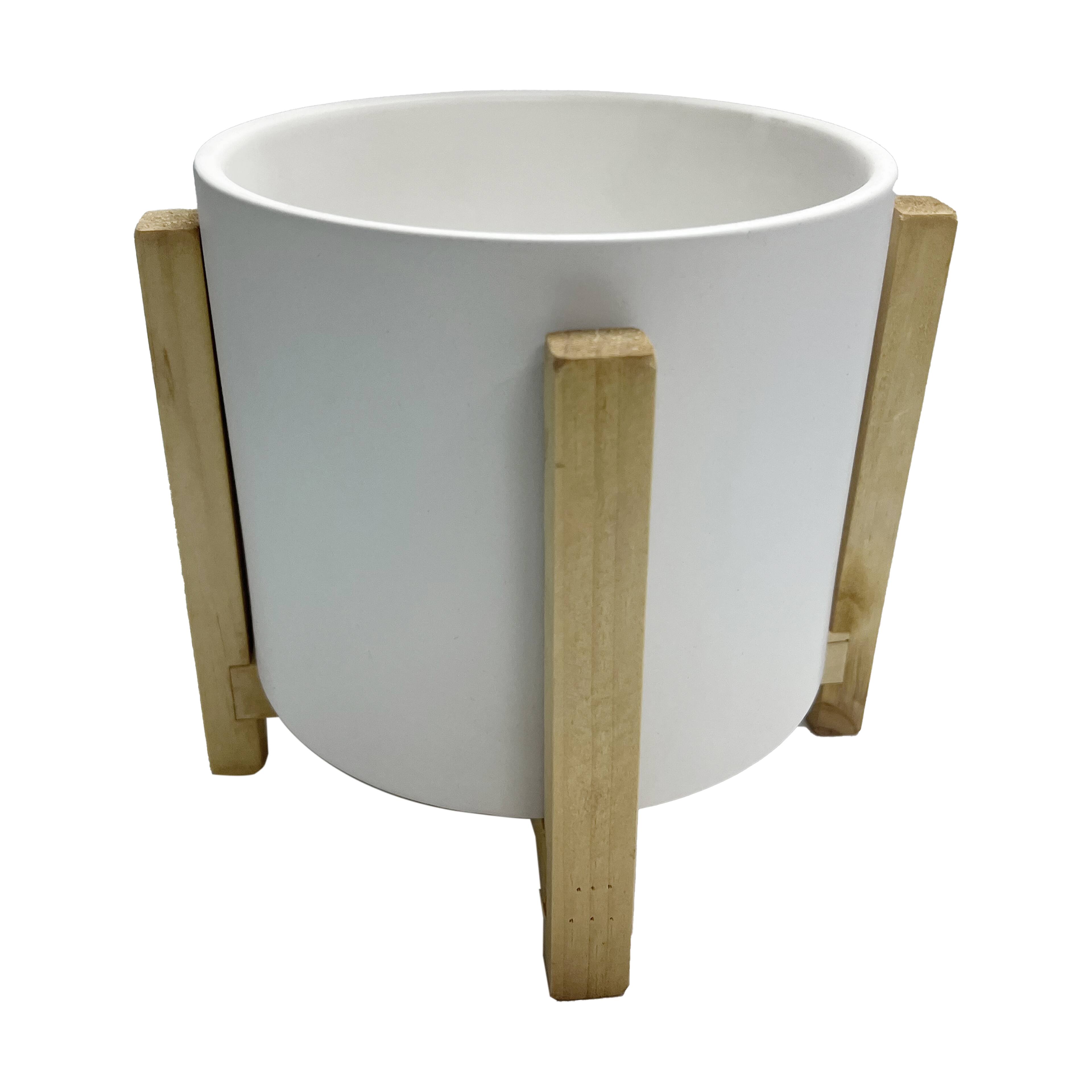 8.5" Round White Ceramic Pot with Wood Stand by Ashland® Michaels