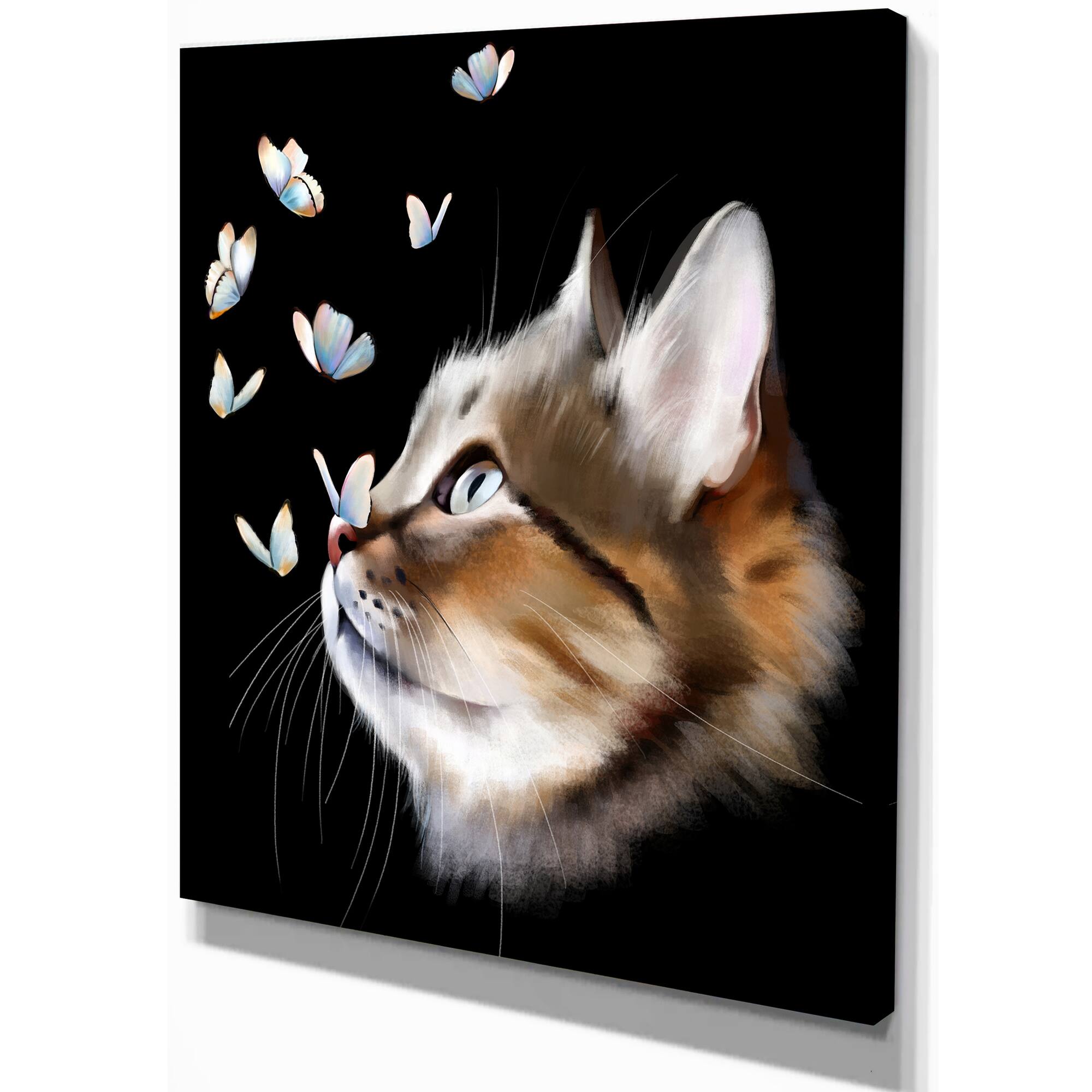 Designart - Cat with Butterflies on Black - Animal Canvas Art Print