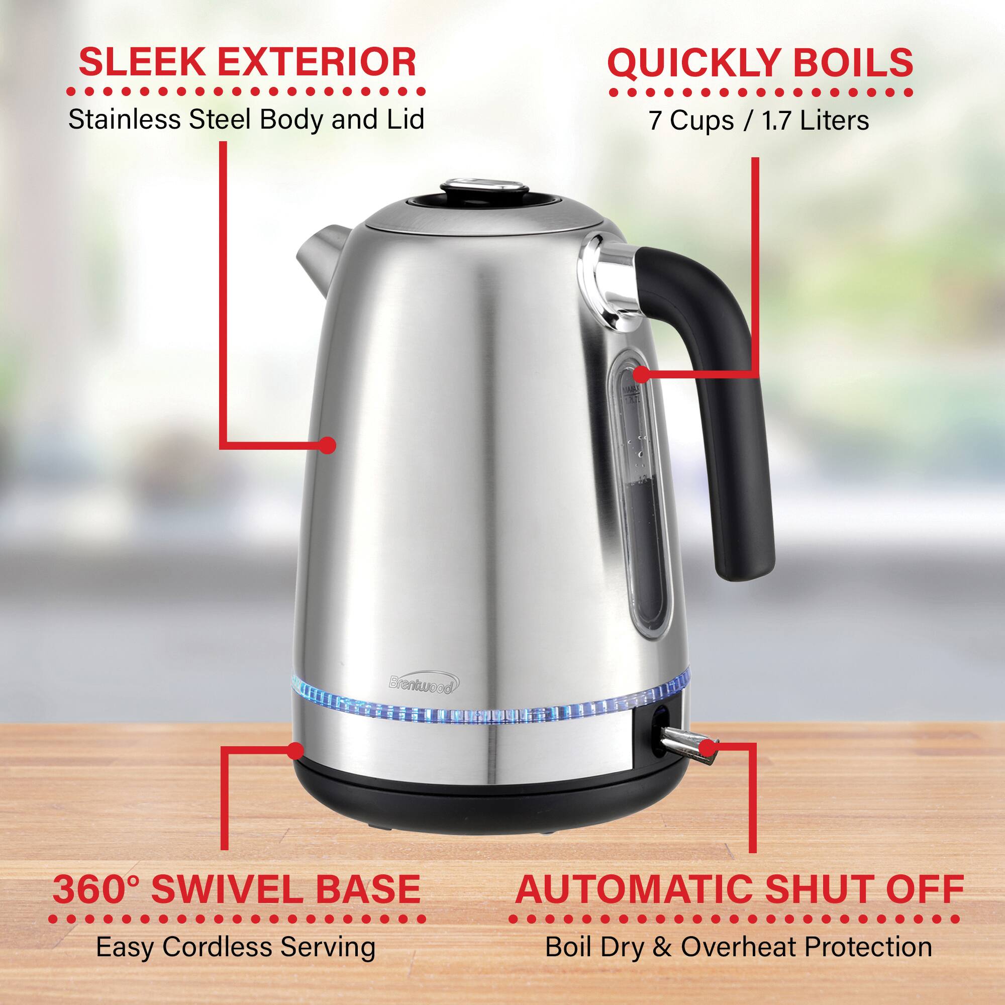 Brentwood 1.7L 1,500 Watt Cordless Electric Stainless Steel Kettle