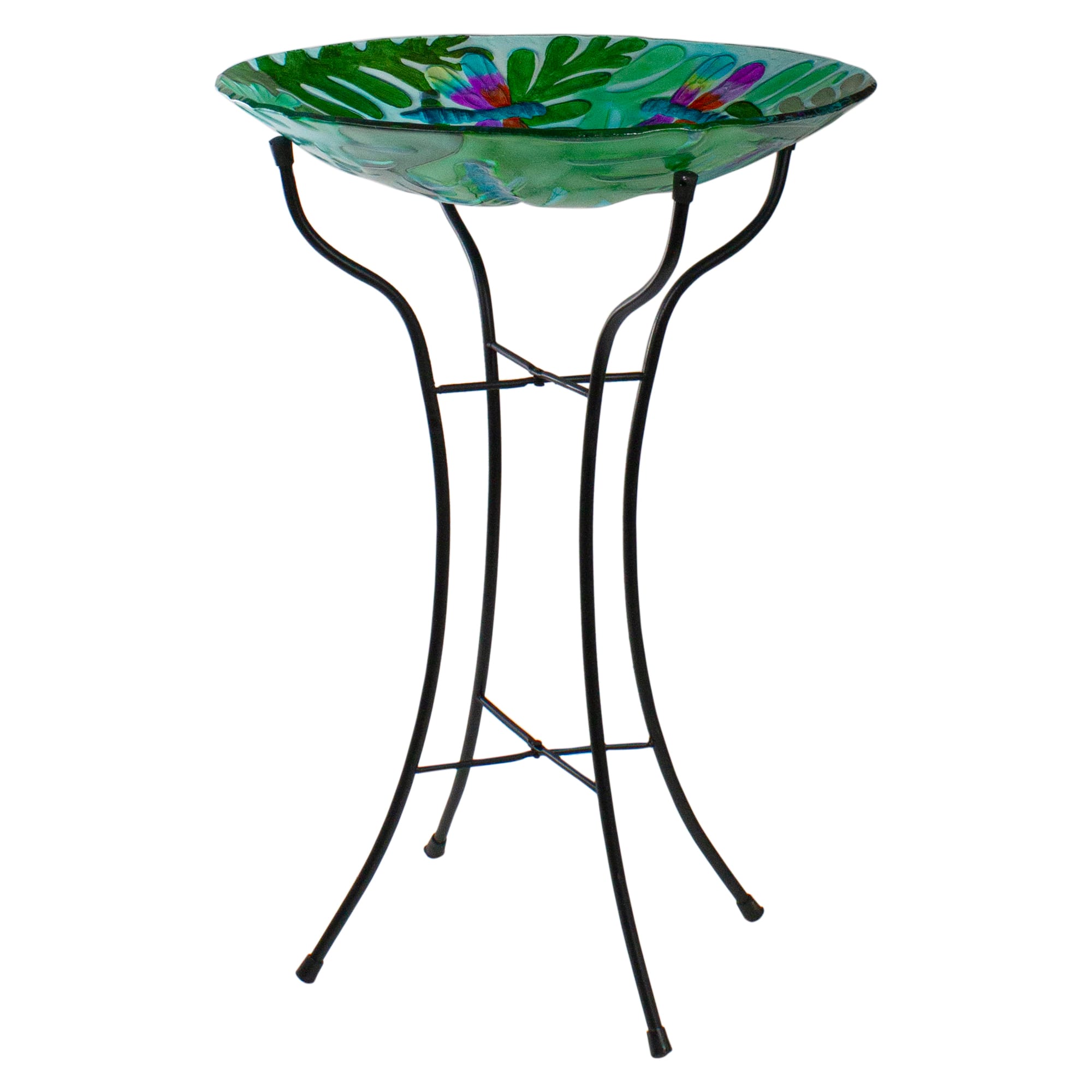18&#x27;&#x27; Colorful Dragonfly with Green Leaves Hand Painted Glass Birdbath