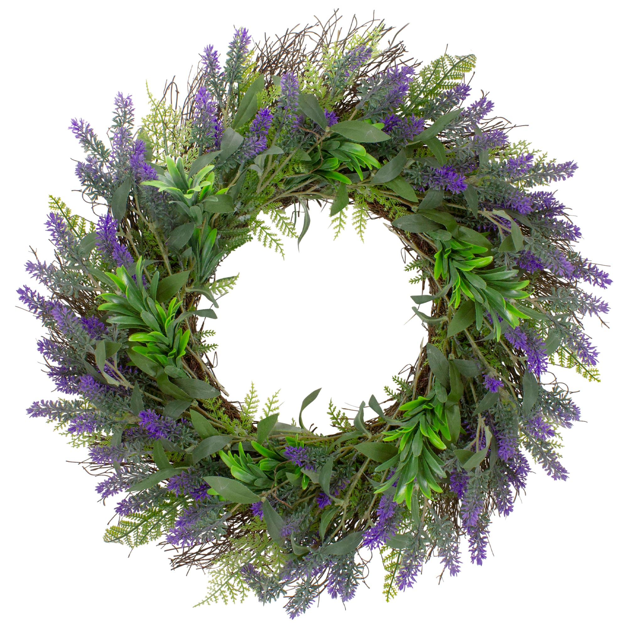 24&#x22; Purple Lavender &#x26; Spring Foliage Artificial Floral Wreath