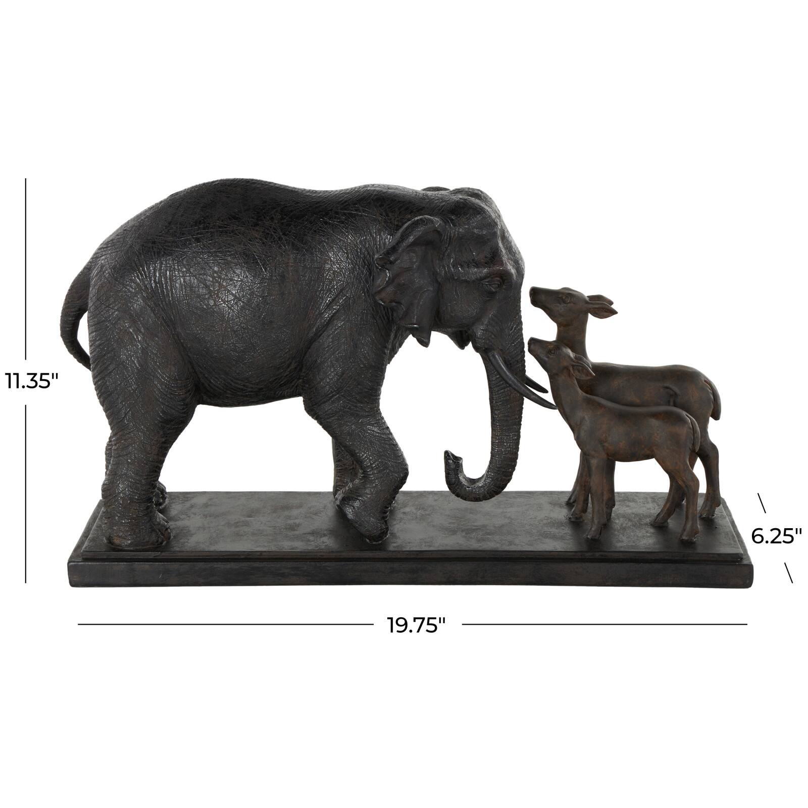 19.75" Black Elephant Walking Sculpture with Dark Brown Deer