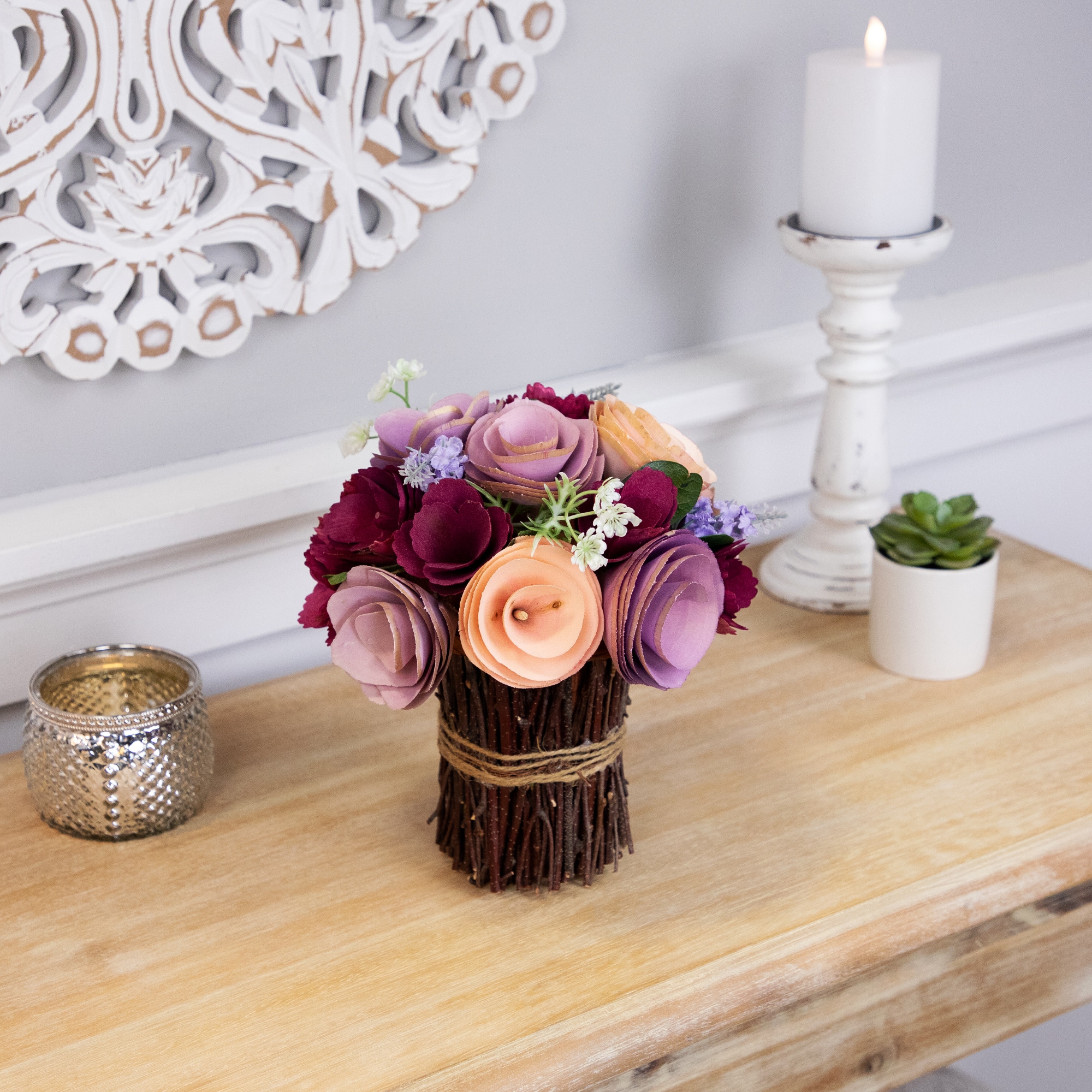 9.5" Wine Red & Purple Wooden Floral Artificial Spring Bouquet