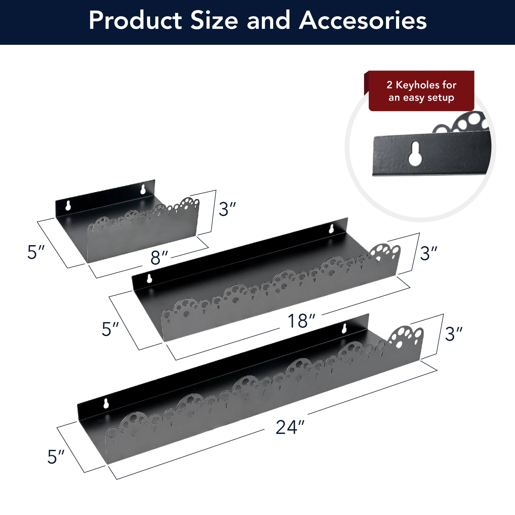 American Art Decor Scallop Metal Floating Shelves, 3pc Picture Ledge Set, Black - 3" x 5" x 24"