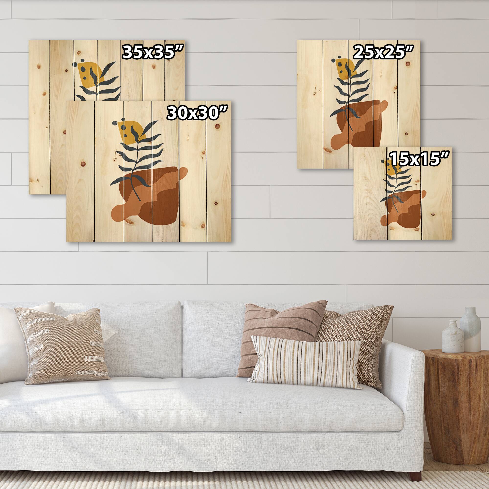 Designart - Elementary Shapes With Abstract Flowers Plants VI - Modern Print on Natural Pine Wood