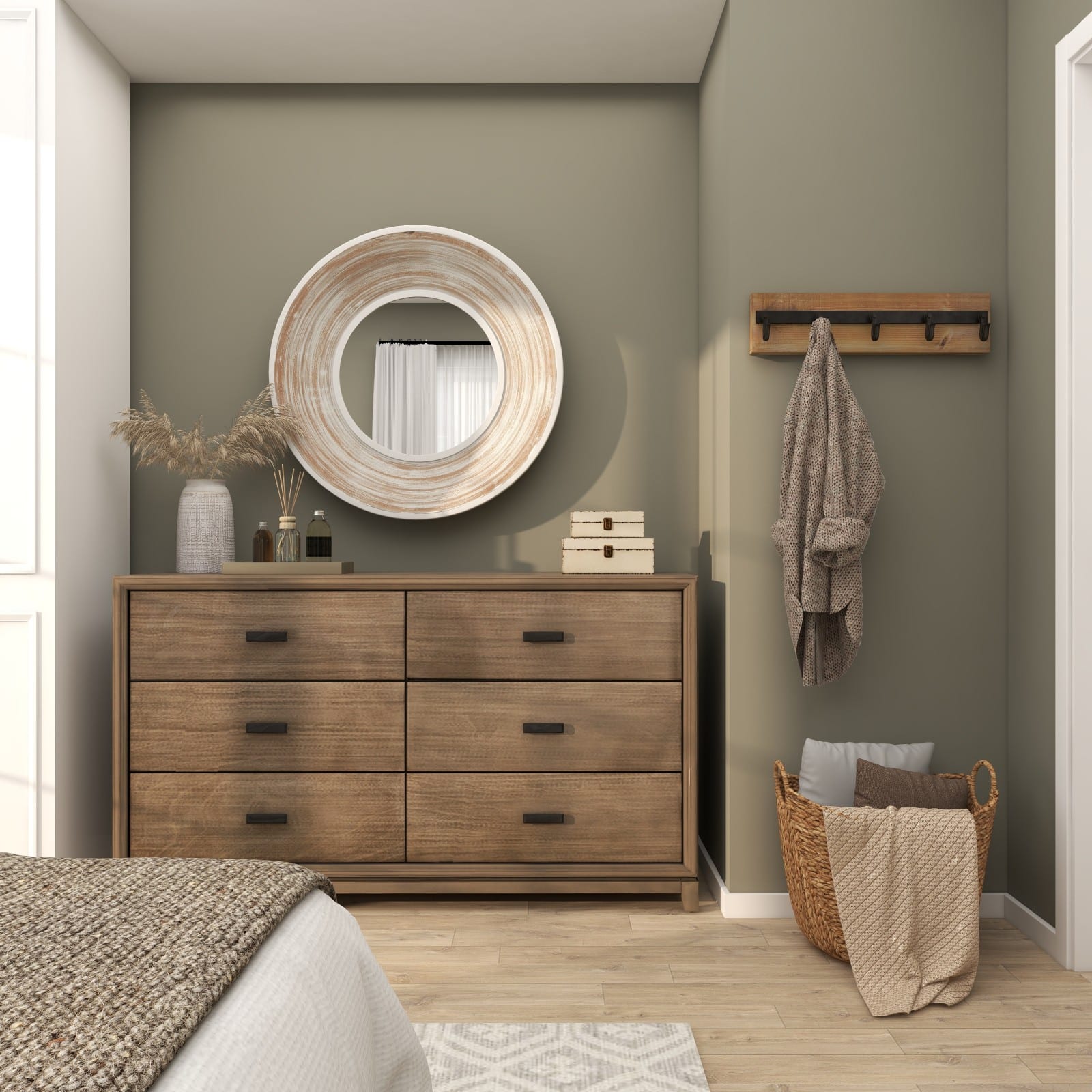 35" Cream Wooden Framed Wall Mirror with White Wash Effect