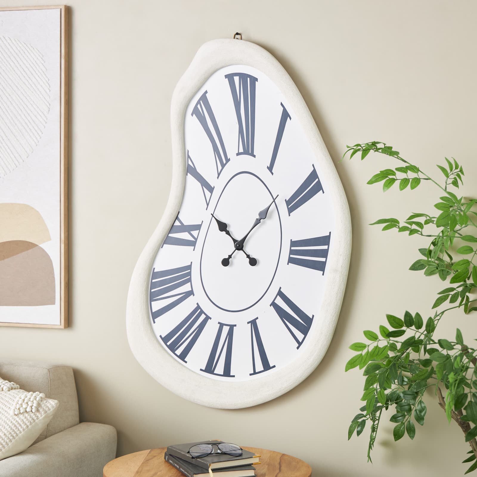 40" x 24" White Wooden Wavy Decorative Wall Clock with Roman Numerals