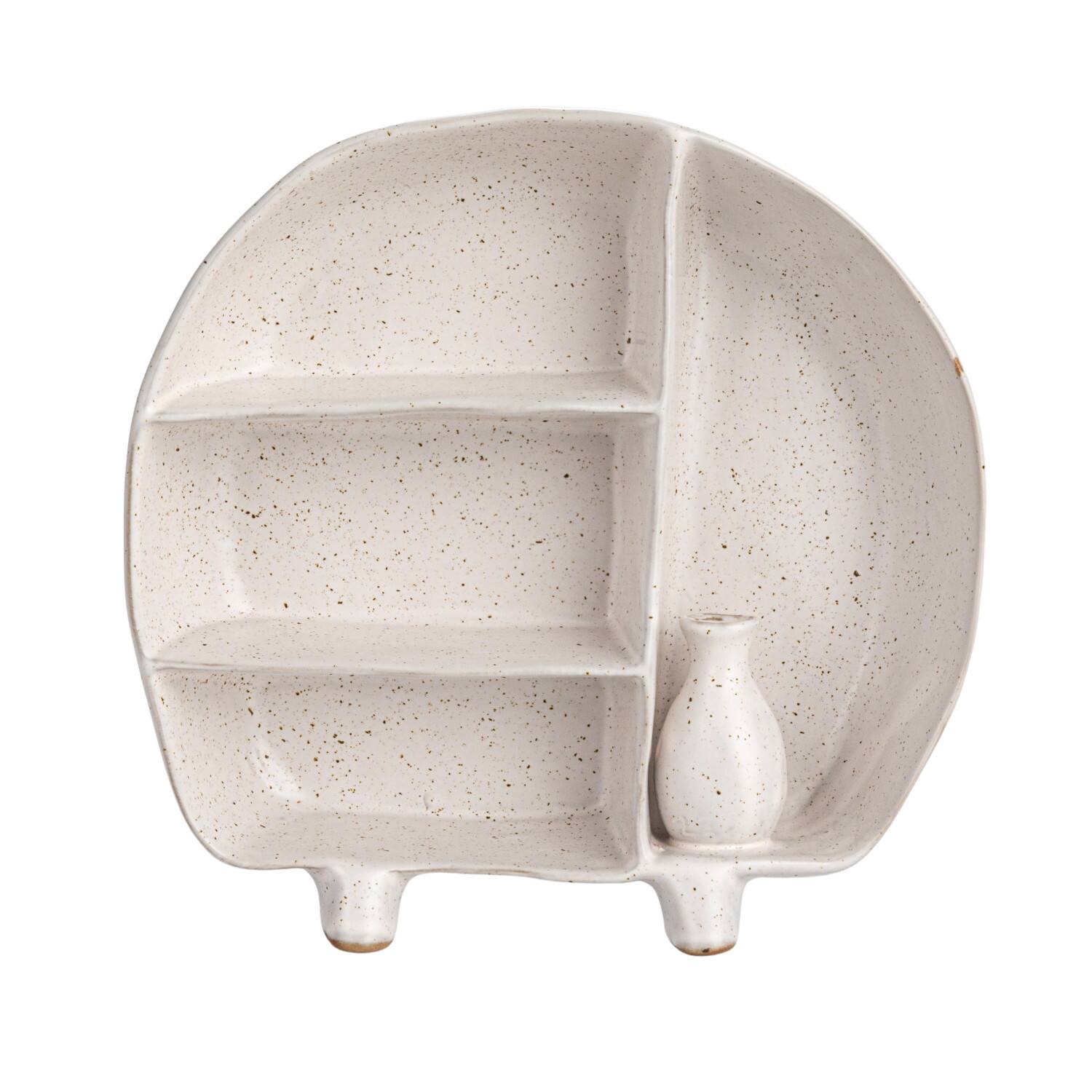 Hello Honey® 8.5" Cream Stoneware Footed Shelf with 4 Compartments & Attached Vase with Reactive Glaze