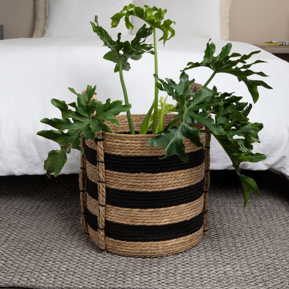 Household Essentials 20&#x22; Black &#x26; Natural Stripes Braided Basket with Handles